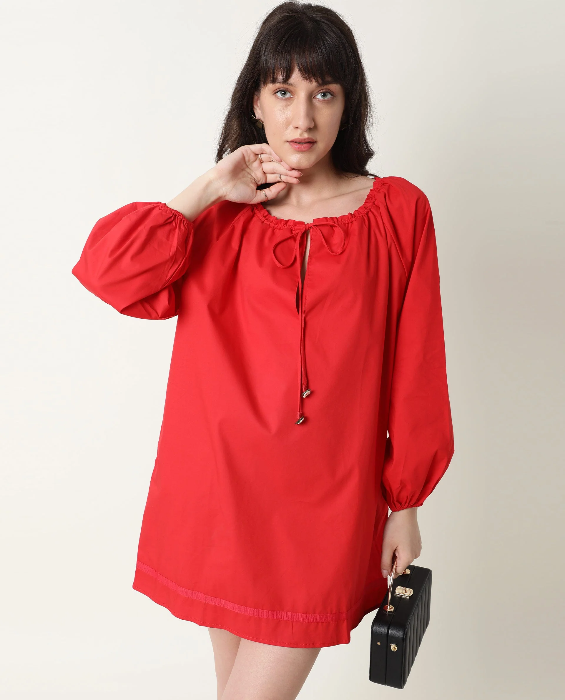 Rareism Women's Sapie Red Tie-Up Neck Plain Volume Sleeve Knee Length Relaxed Fit Dress - Image 6