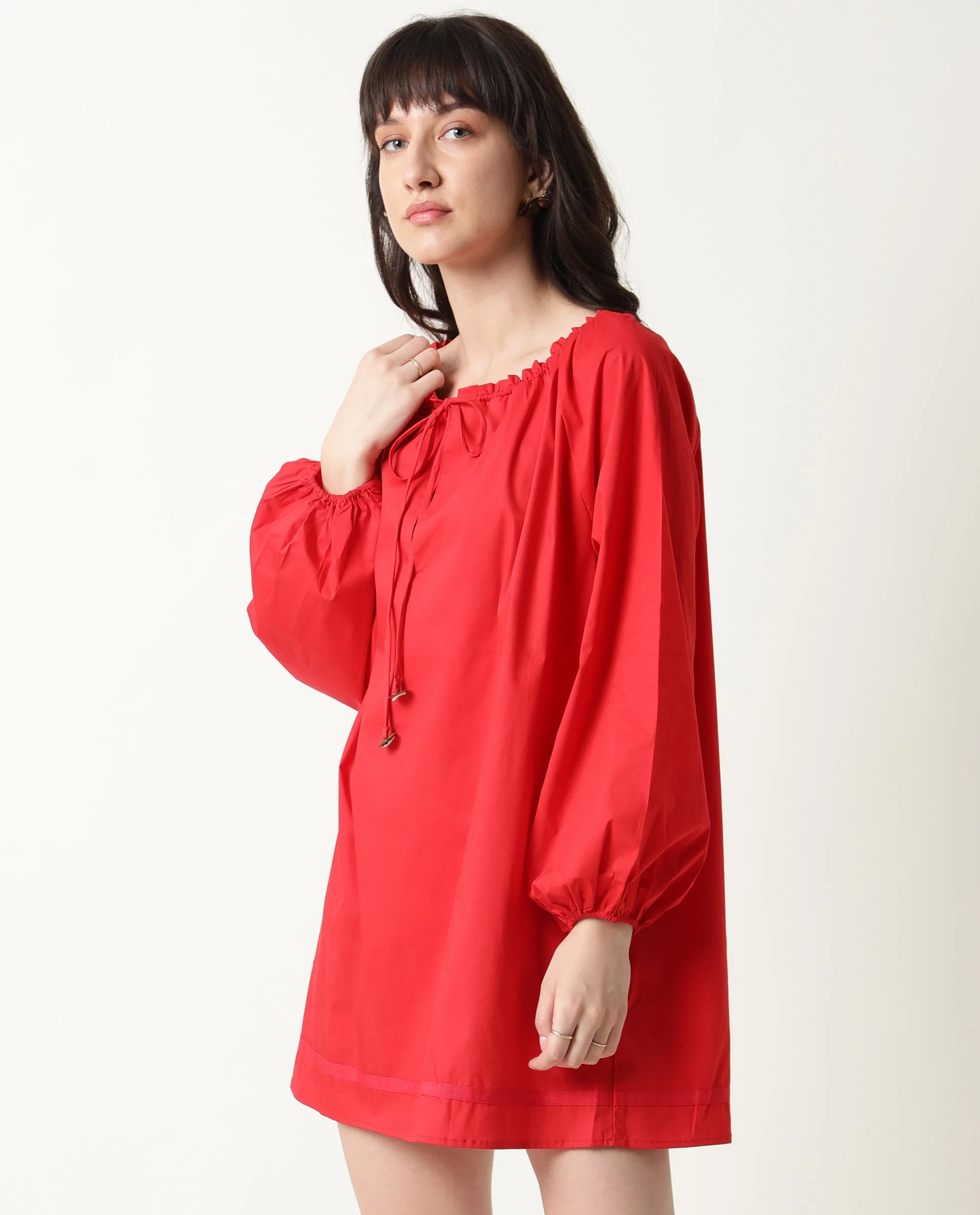 Rareism Women's Sapie Red Tie-Up Neck Plain Volume Sleeve Knee Length Relaxed Fit Dress - Image 7