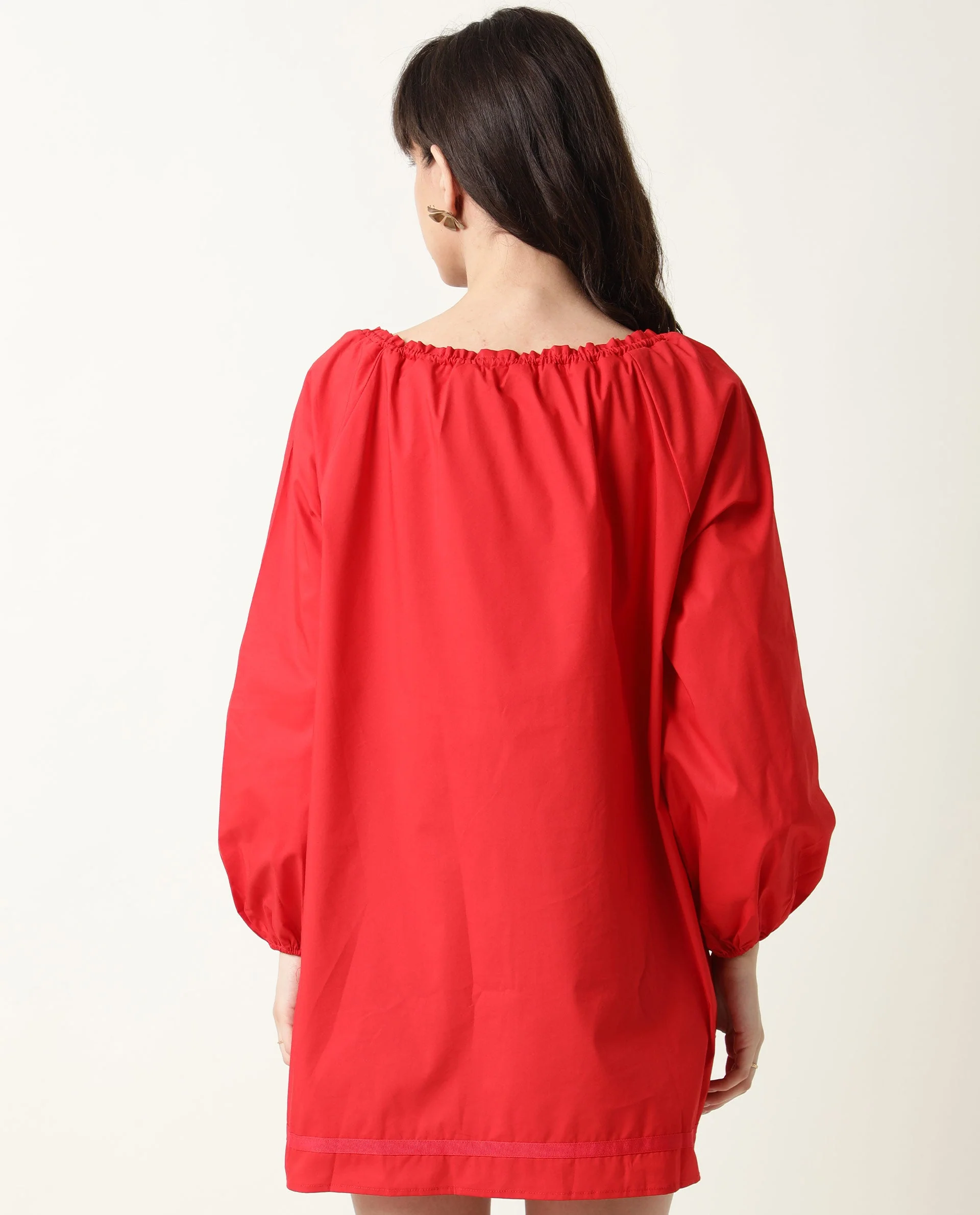 Rareism Women's Sapie Red Tie-Up Neck Plain Volume Sleeve Knee Length Relaxed Fit Dress - Image 8