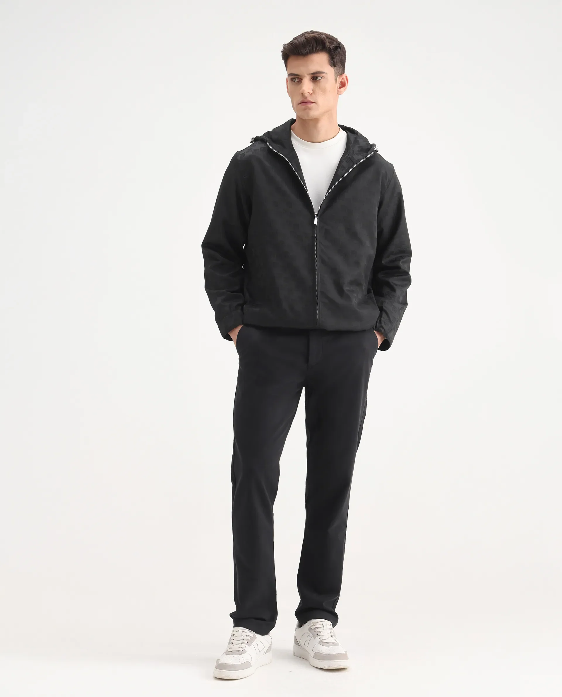 Rare Rabbit Men's Sappon-25 Black Polyester Monogram Print Boxy Fit Full Sleeve Hooded Jacket - Image 2