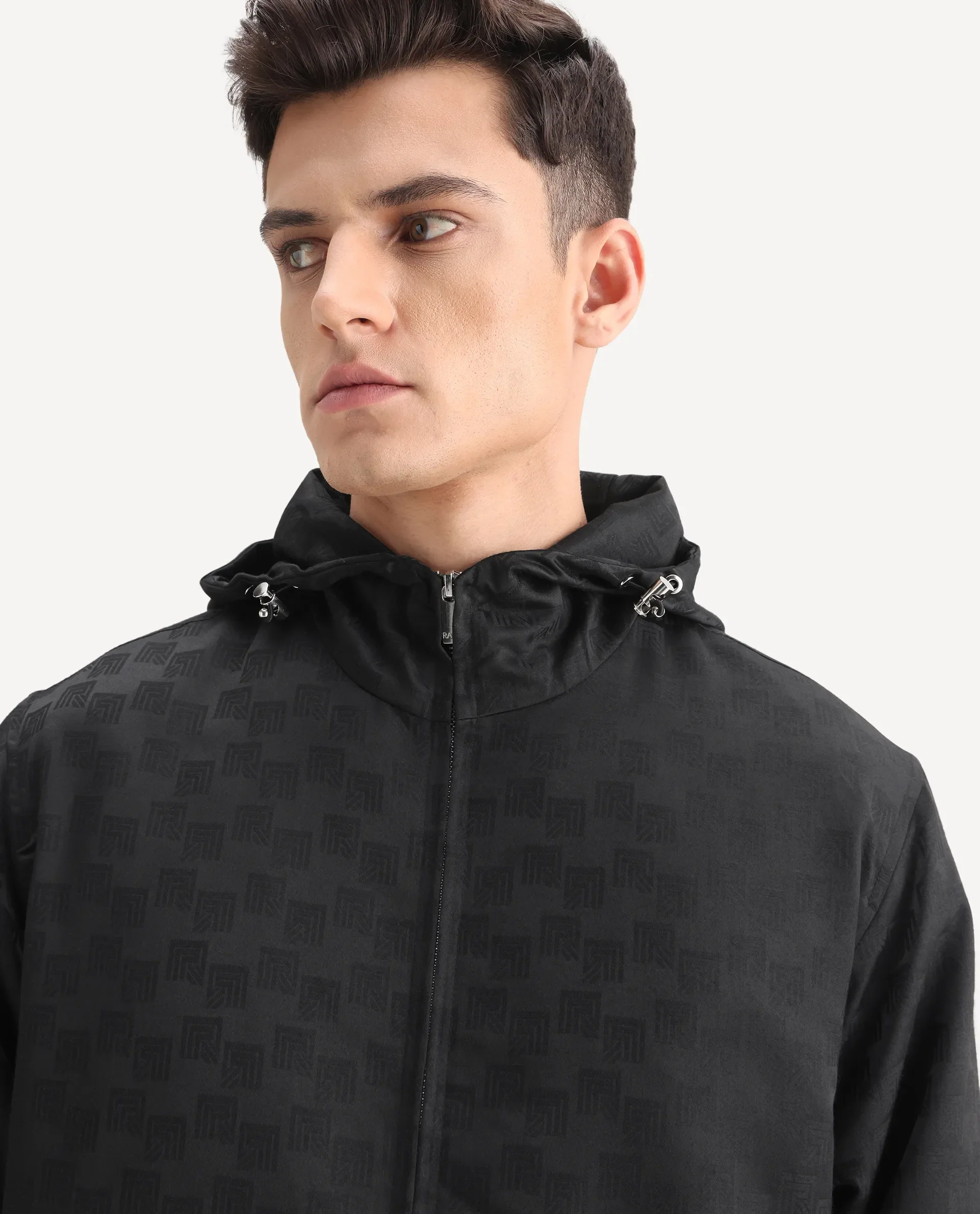 Rare Rabbit Men's Sappon-25 Black Polyester Monogram Print Boxy Fit Full Sleeve Hooded Jacket - Image 4
