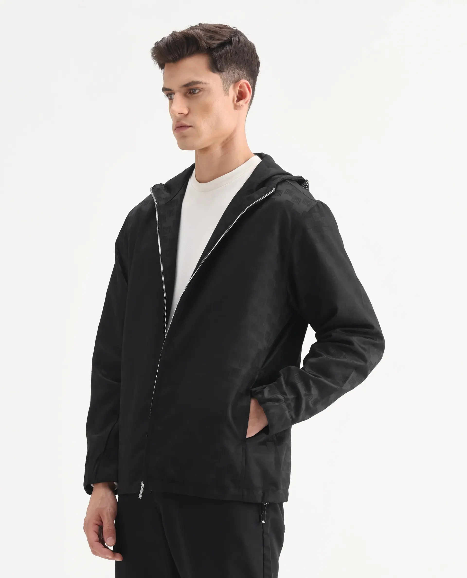 Rare Rabbit Men's Sappon-25 Black Polyester Monogram Print Boxy Fit Full Sleeve Hooded Jacket - Image 6