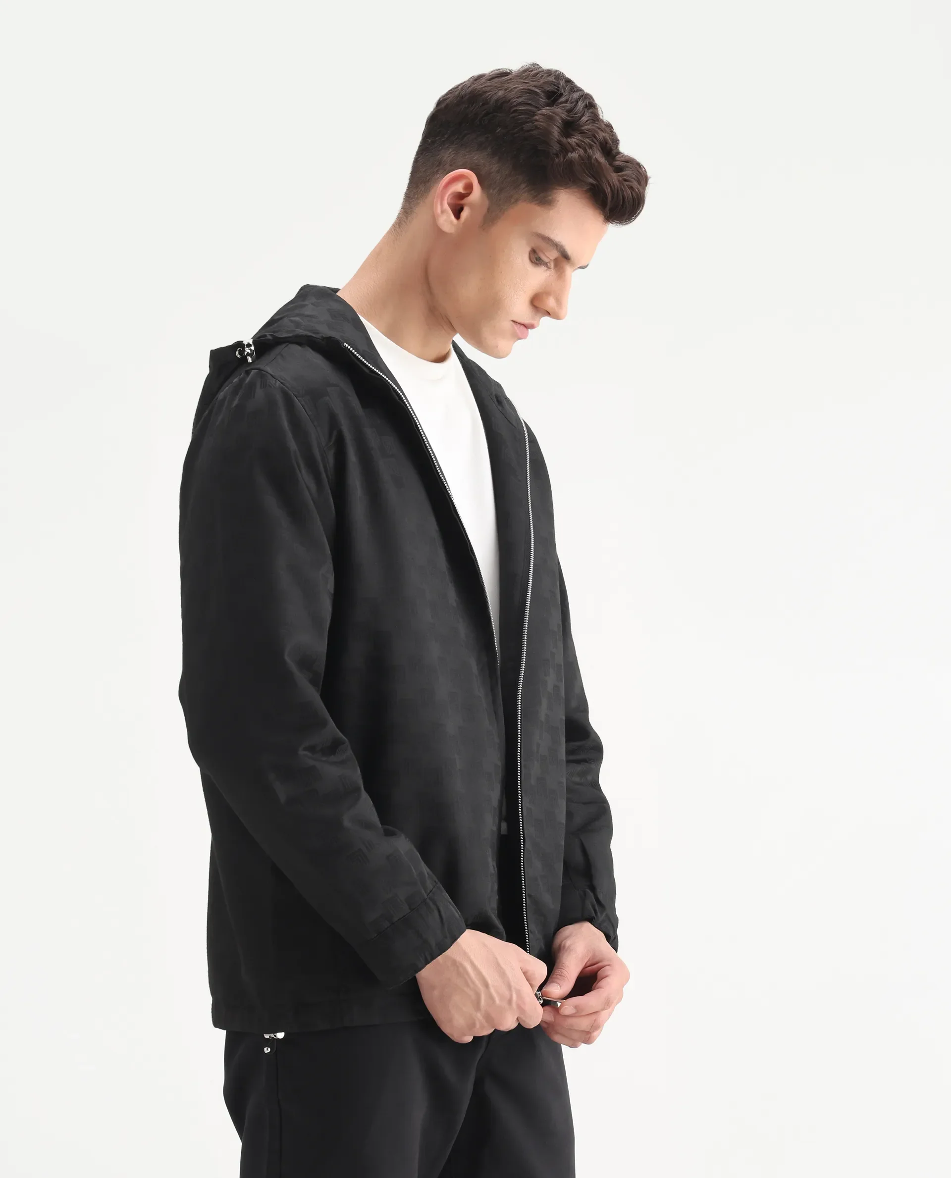 Rare Rabbit Men's Sappon-25 Black Polyester Monogram Print Boxy Fit Full Sleeve Hooded Jacket - Image 7