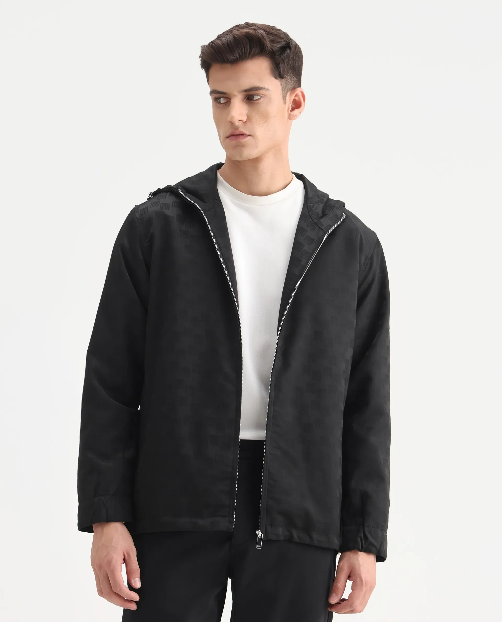 Rare Rabbit Men's Sappon-25 Black Polyester Monogram Print Boxy Fit Full Sleeve Hooded Jacket - Image 8