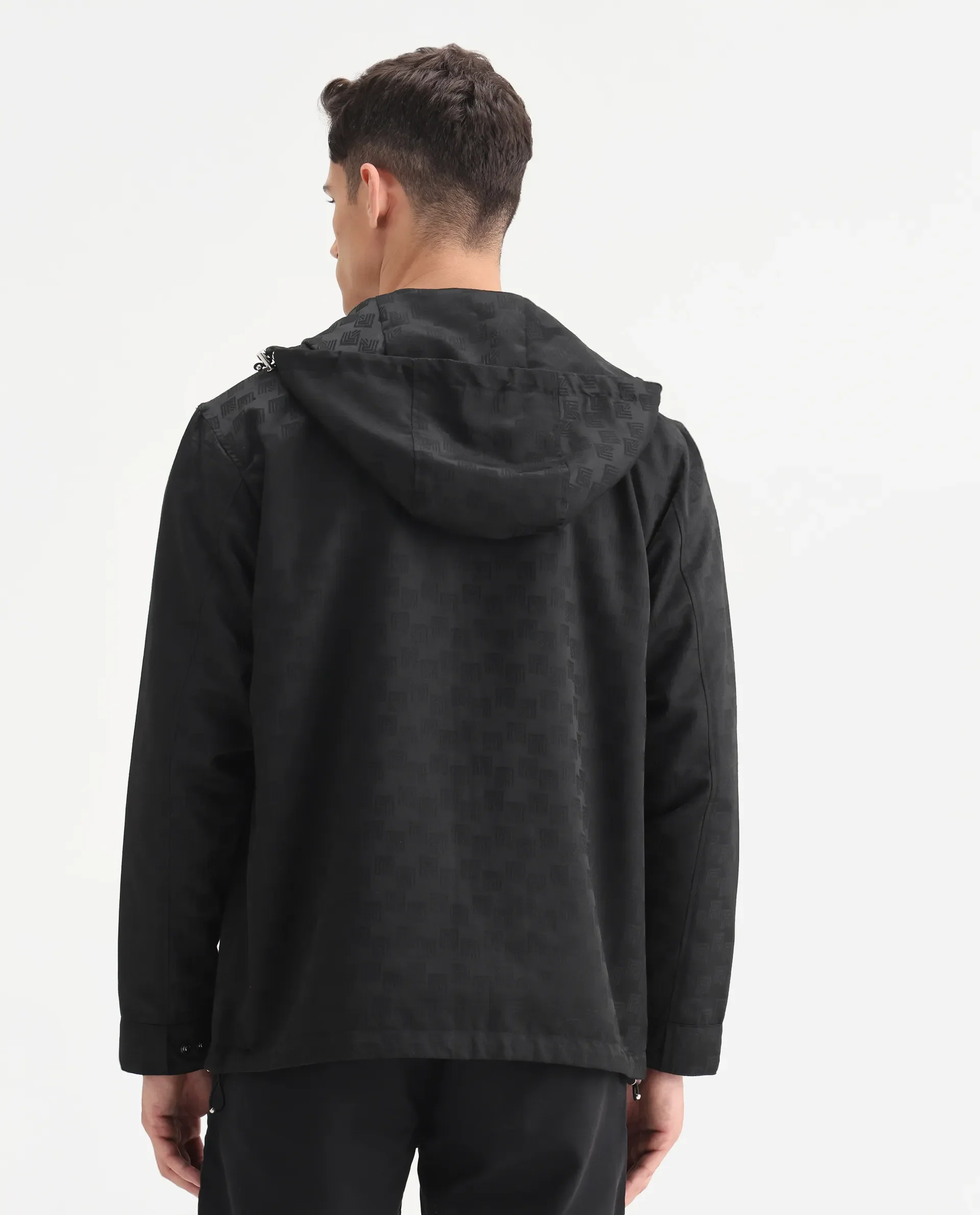 Rare Rabbit Men's Sappon-25 Black Polyester Monogram Print Boxy Fit Full Sleeve Hooded Jacket - Image 9