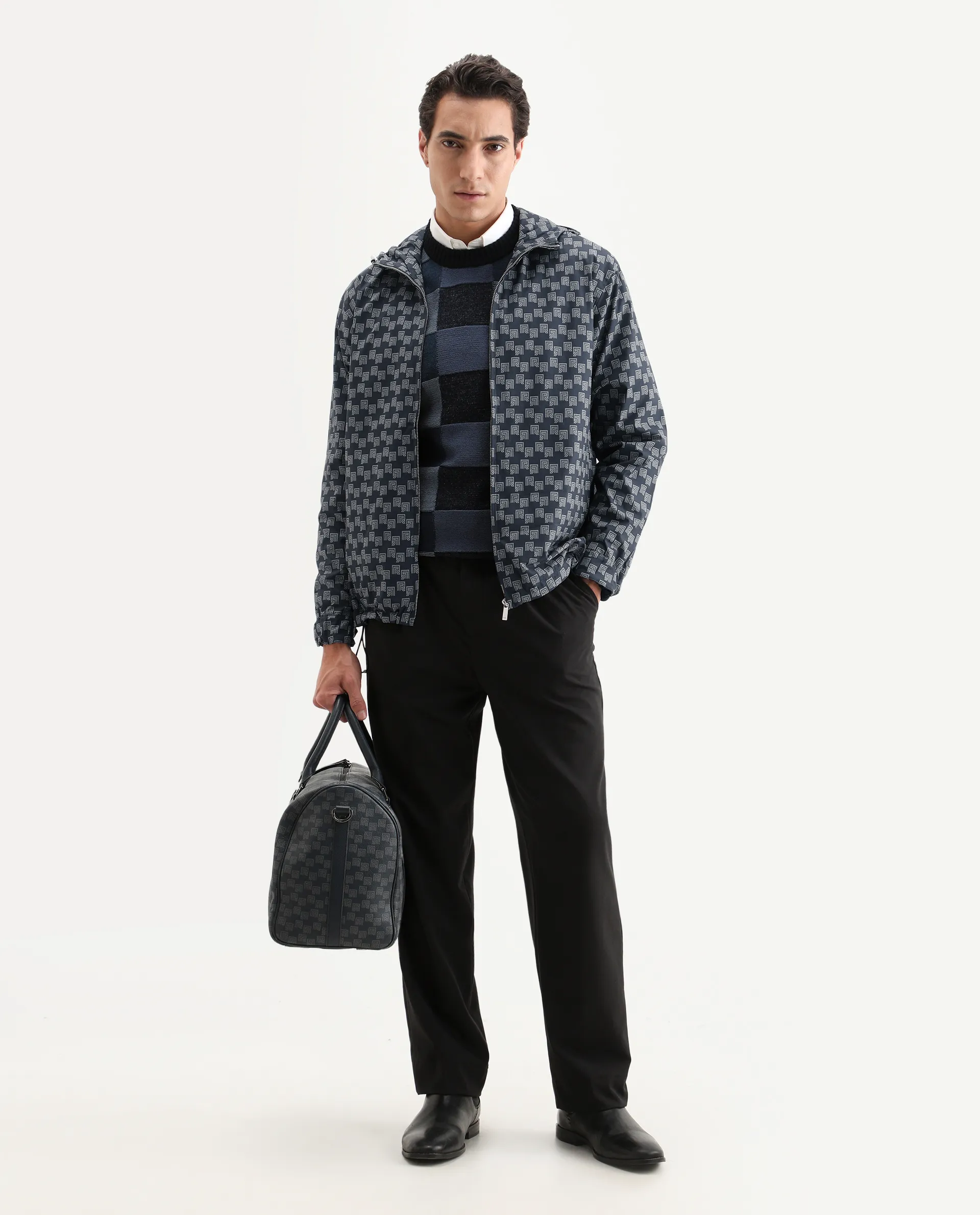 Rare Rabbit Men's Sappon Navy Polyester Monogram Print Boxy Fit Full Sleeve High Neck Jacket - Image 2