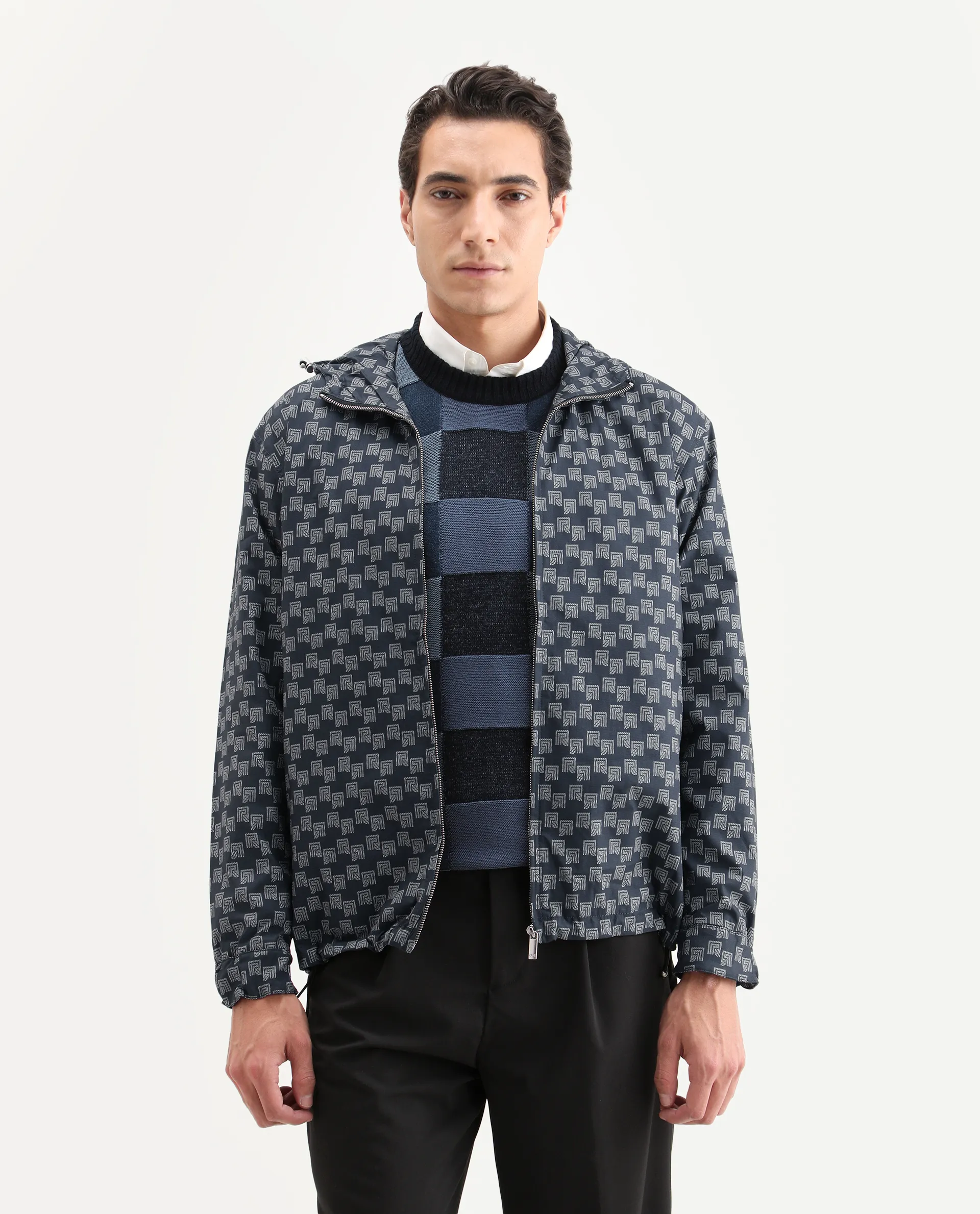 Rare Rabbit Men's Sappon Navy Polyester Monogram Print Boxy Fit Full Sleeve High Neck Jacket - Image 3