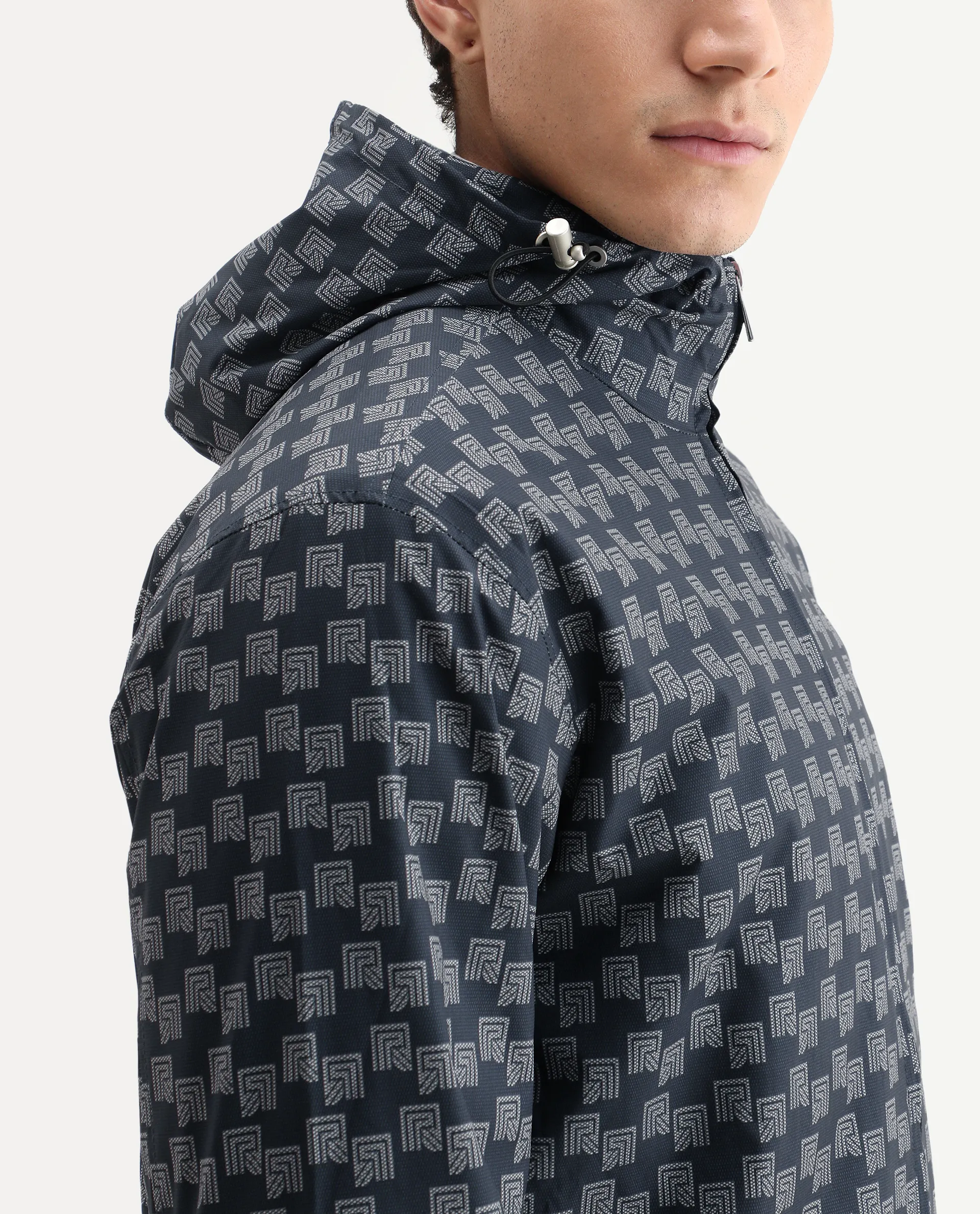 Rare Rabbit Men's Sappon Navy Polyester Monogram Print Boxy Fit Full Sleeve High Neck Jacket - Image 4
