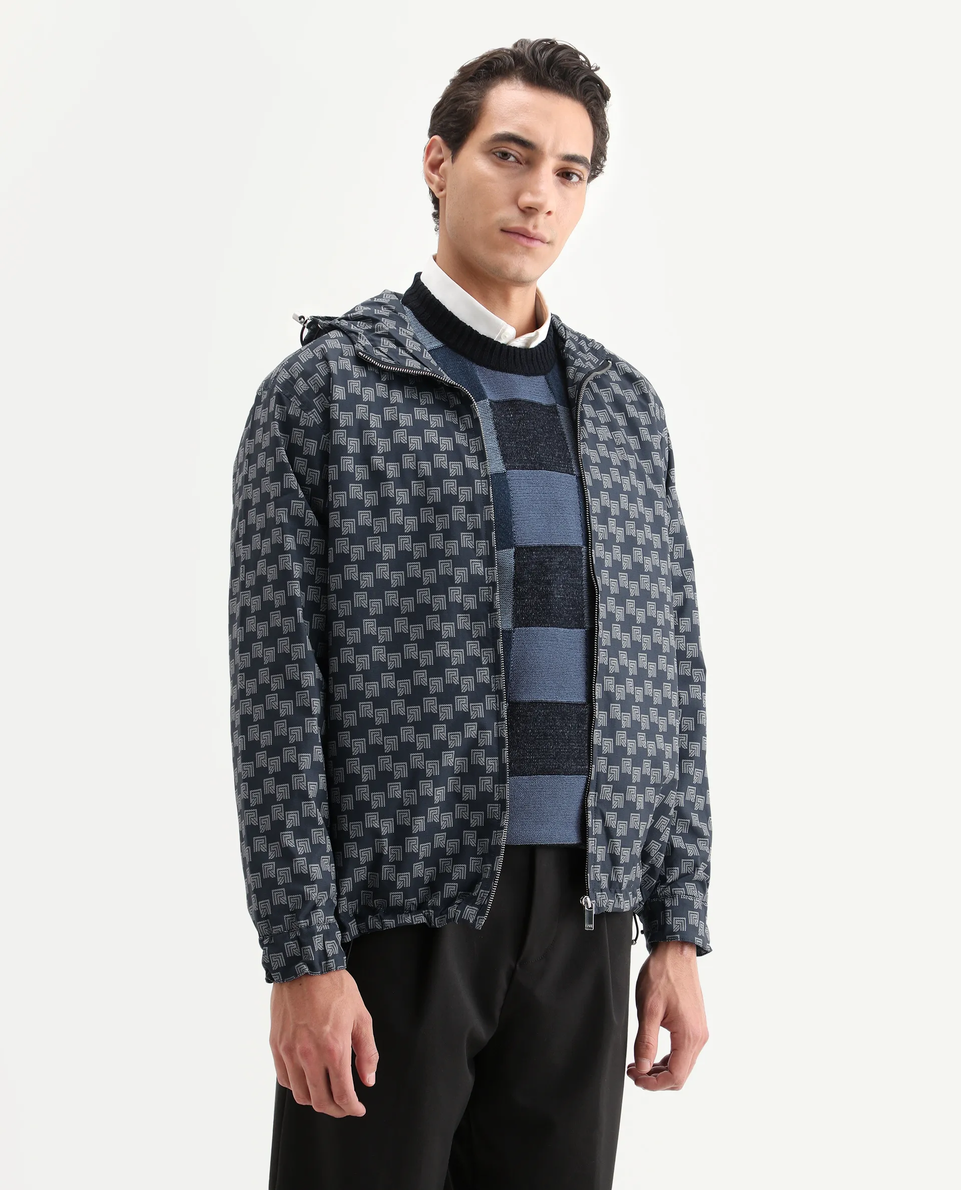 Rare Rabbit Men's Sappon Navy Polyester Monogram Print Boxy Fit Full Sleeve High Neck Jacket - Image 5