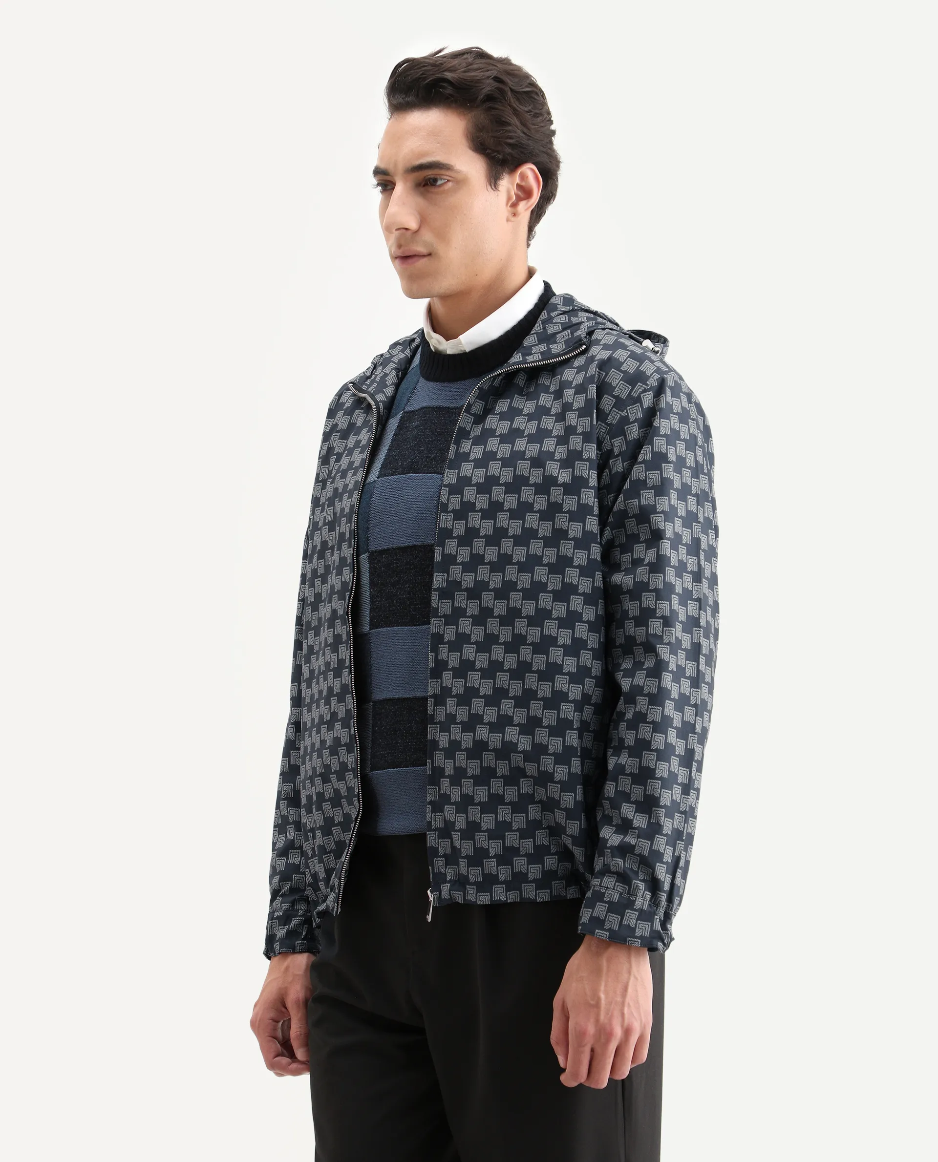 Rare Rabbit Men's Sappon Navy Polyester Monogram Print Boxy Fit Full Sleeve High Neck Jacket - Image 6