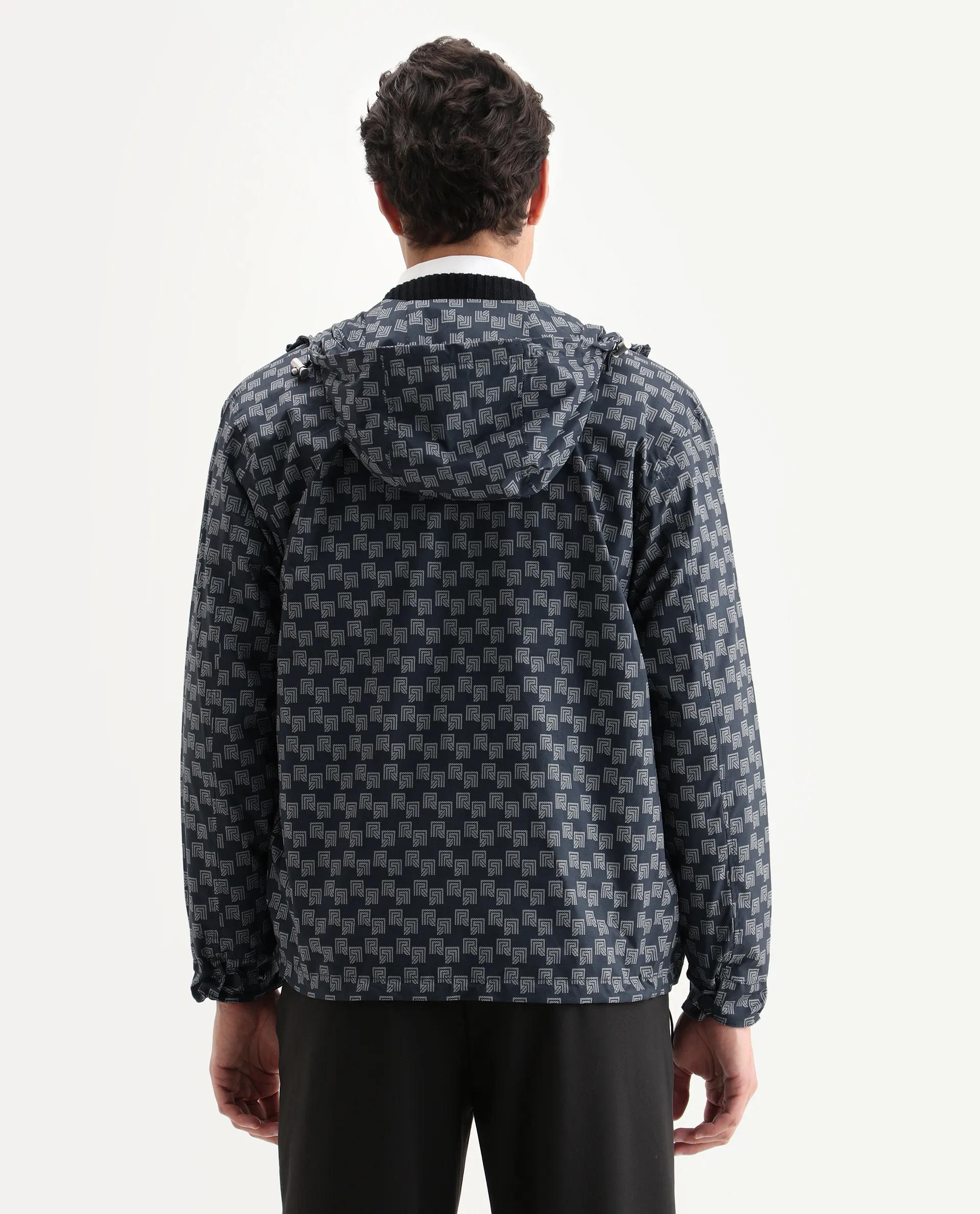 Rare Rabbit Men's Sappon Navy Polyester Monogram Print Boxy Fit Full Sleeve High Neck Jacket - Image 7