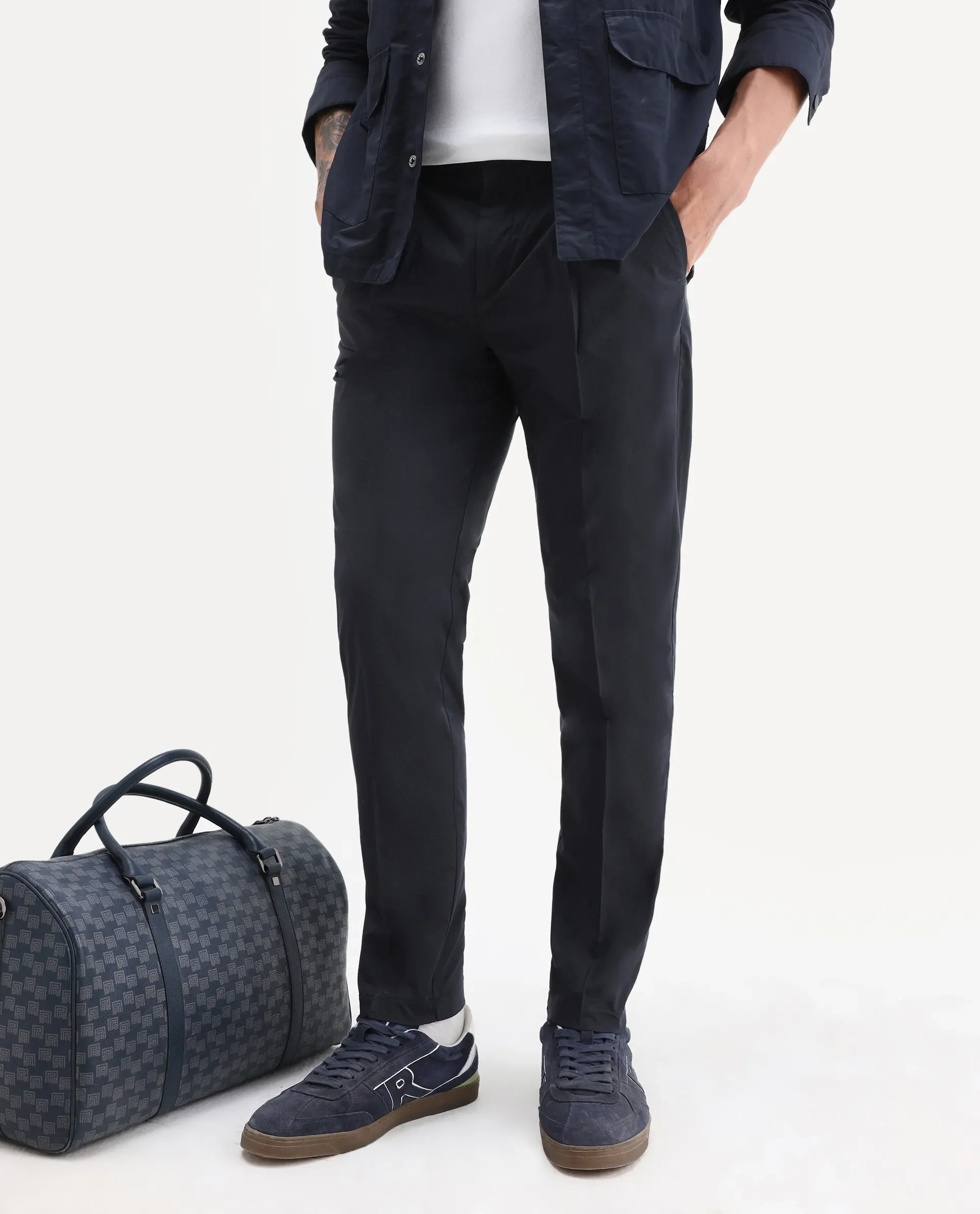 Rare Rabbit Men's Sapporo Navy Cotton Plain Slim Fit Trouser - Image 2