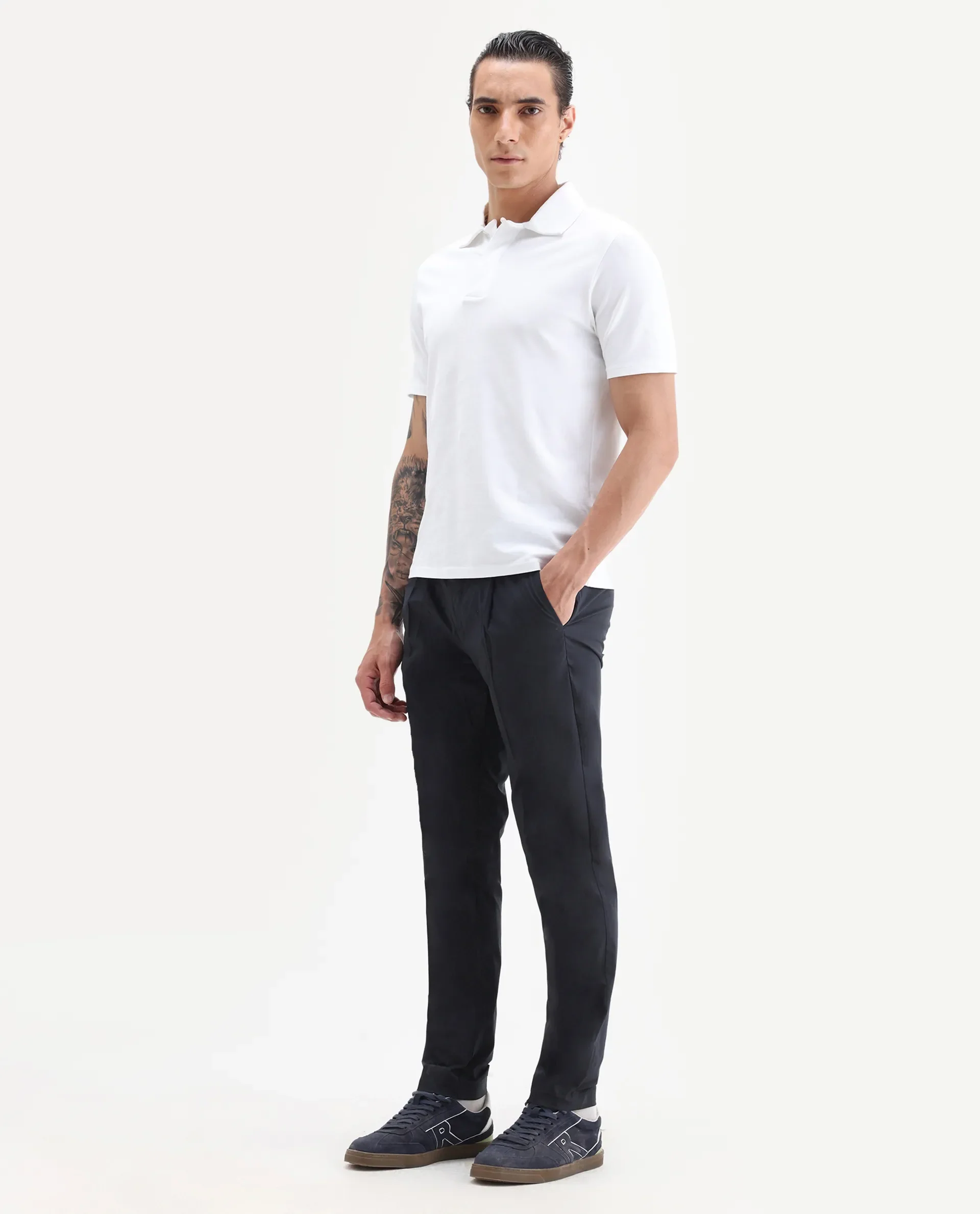 Rare Rabbit Men's Sapporo Navy Cotton Plain Slim Fit Trouser - Image 5