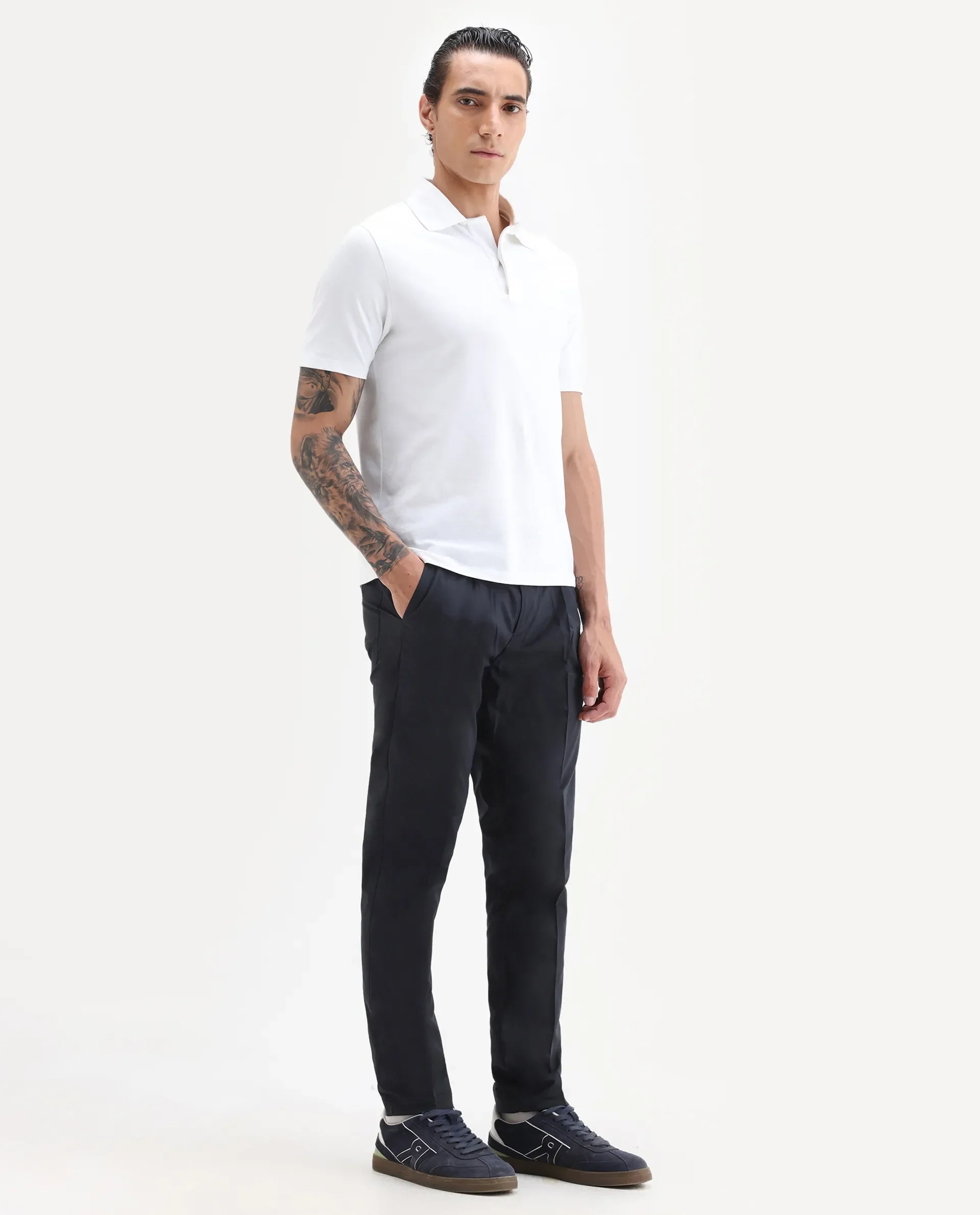 Rare Rabbit Men's Sapporo Navy Cotton Plain Slim Fit Trouser - Image 6
