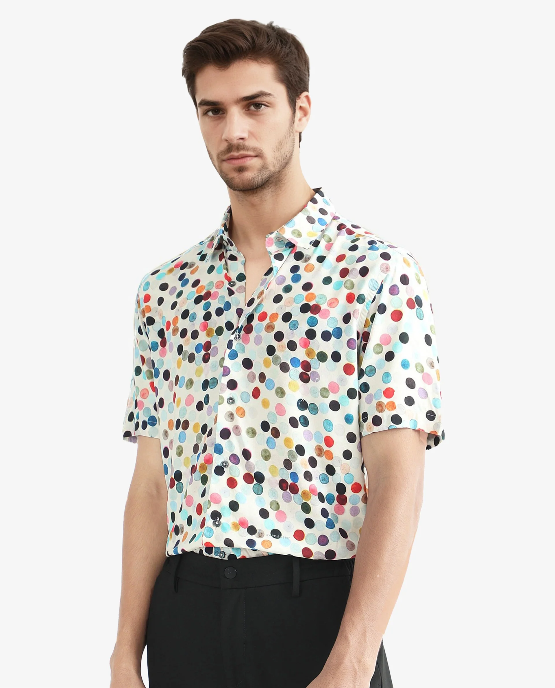 Rare Rabbit Men's Sara White Viscose Polka Print Regular Fit Half Sleeve Collared Shirt