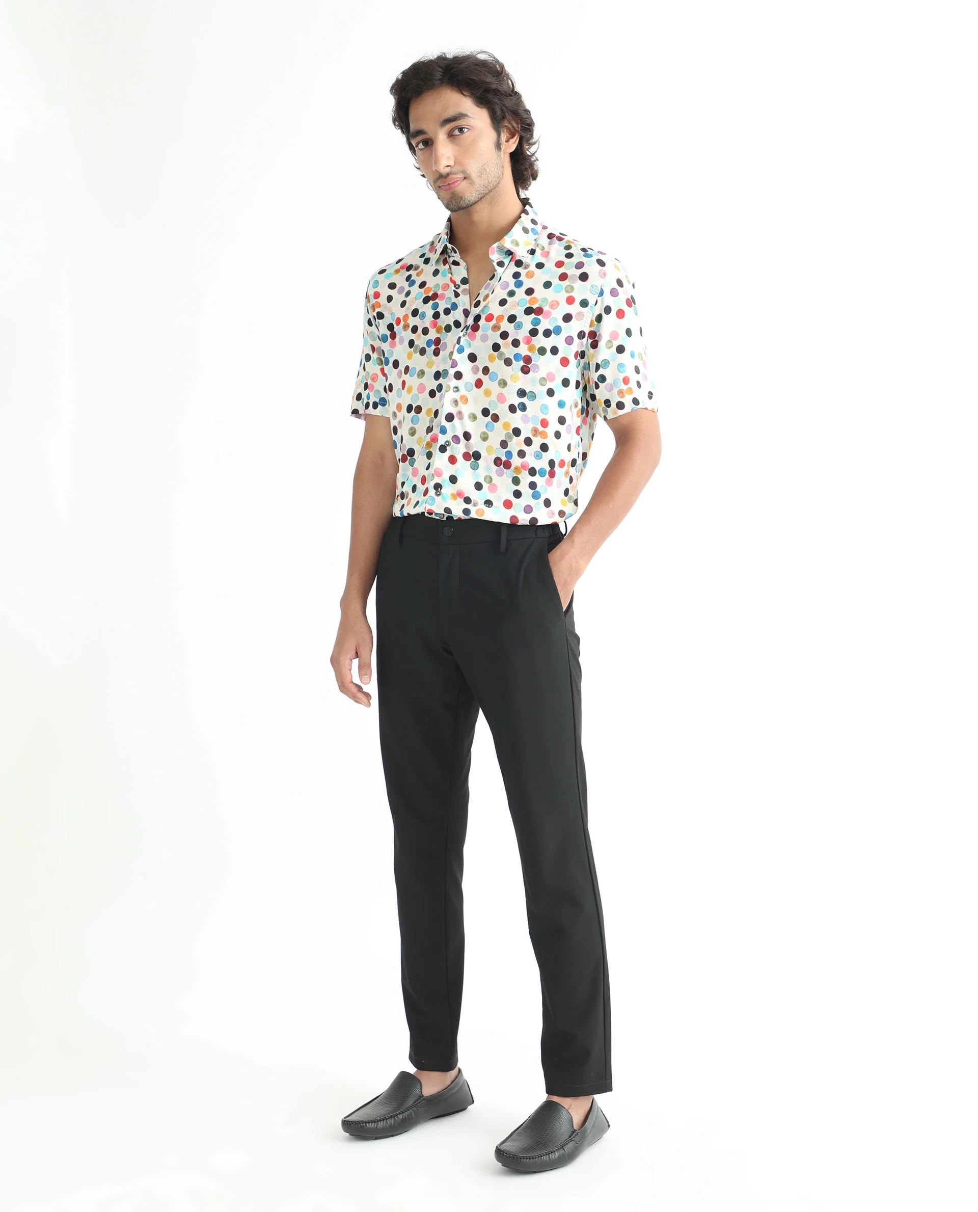 Rare Rabbit Men's Sara White Viscose Polka Print Regular Fit Half Sleeve Collared Shirt - Image 2