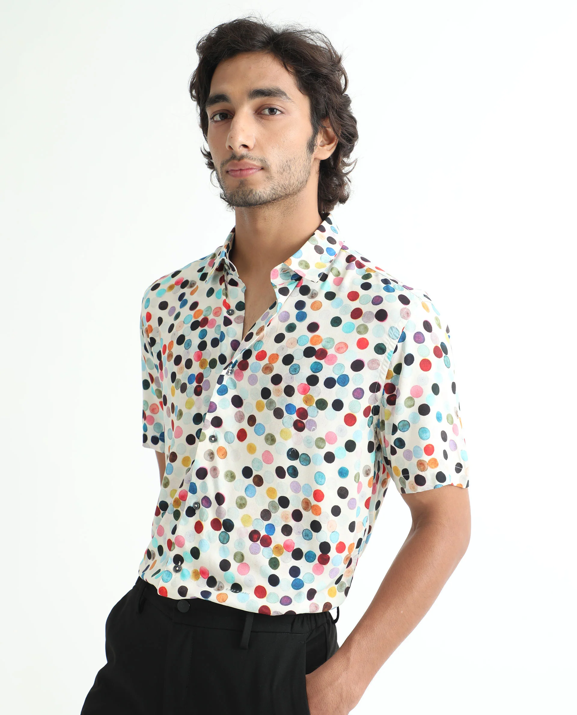 Rare Rabbit Men's Sara White Viscose Polka Print Regular Fit Half Sleeve Collared Shirt - Image 3