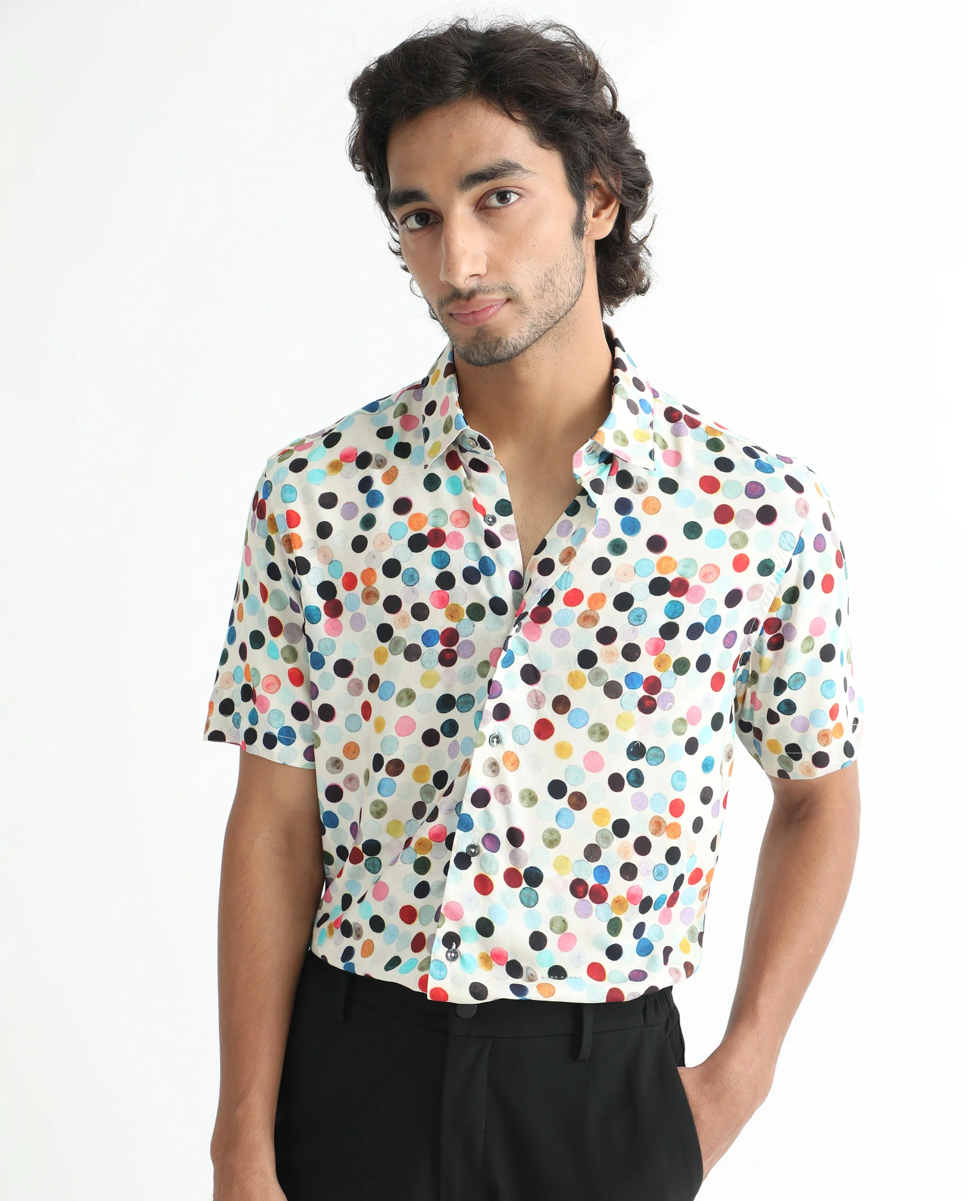 Rare Rabbit Men's Sara White Viscose Polka Print Regular Fit Half Sleeve Collared Shirt - Image 5