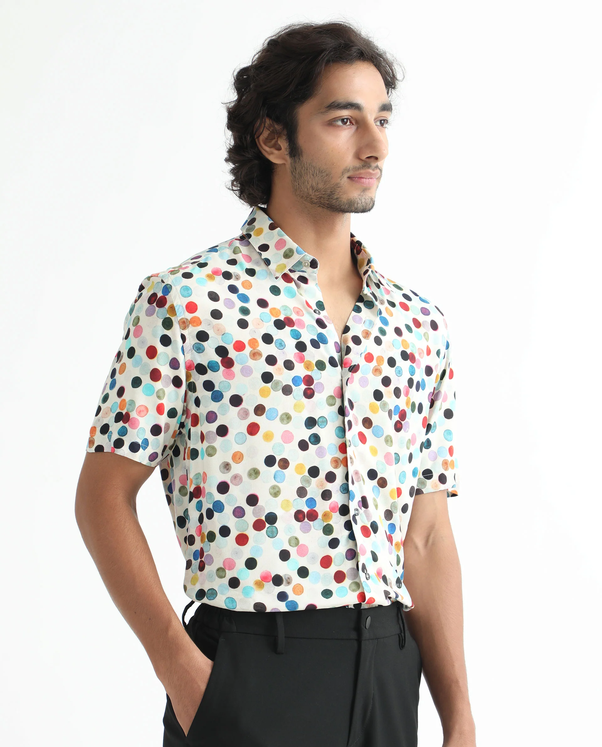 Rare Rabbit Men's Sara White Viscose Polka Print Regular Fit Half Sleeve Collared Shirt - Image 6