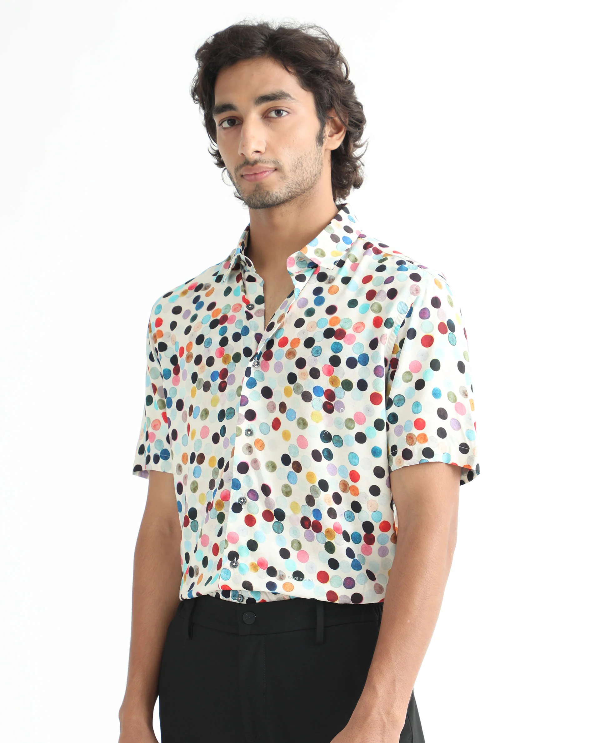 Rare Rabbit Men's Sara White Viscose Polka Print Regular Fit Half Sleeve Collared Shirt - Image 8