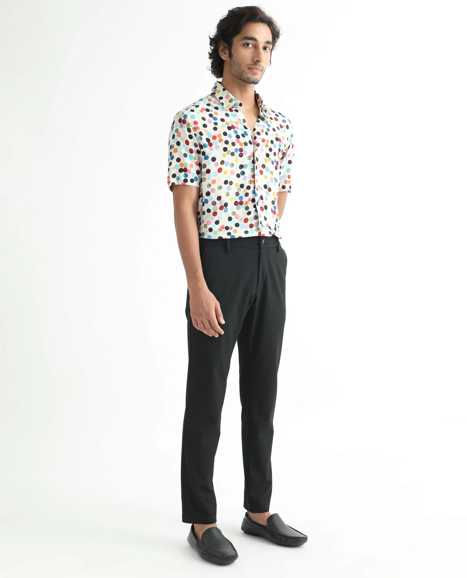 Rare Rabbit Men's Sara White Viscose Polka Print Regular Fit Half Sleeve Collared Shirt - Image 9