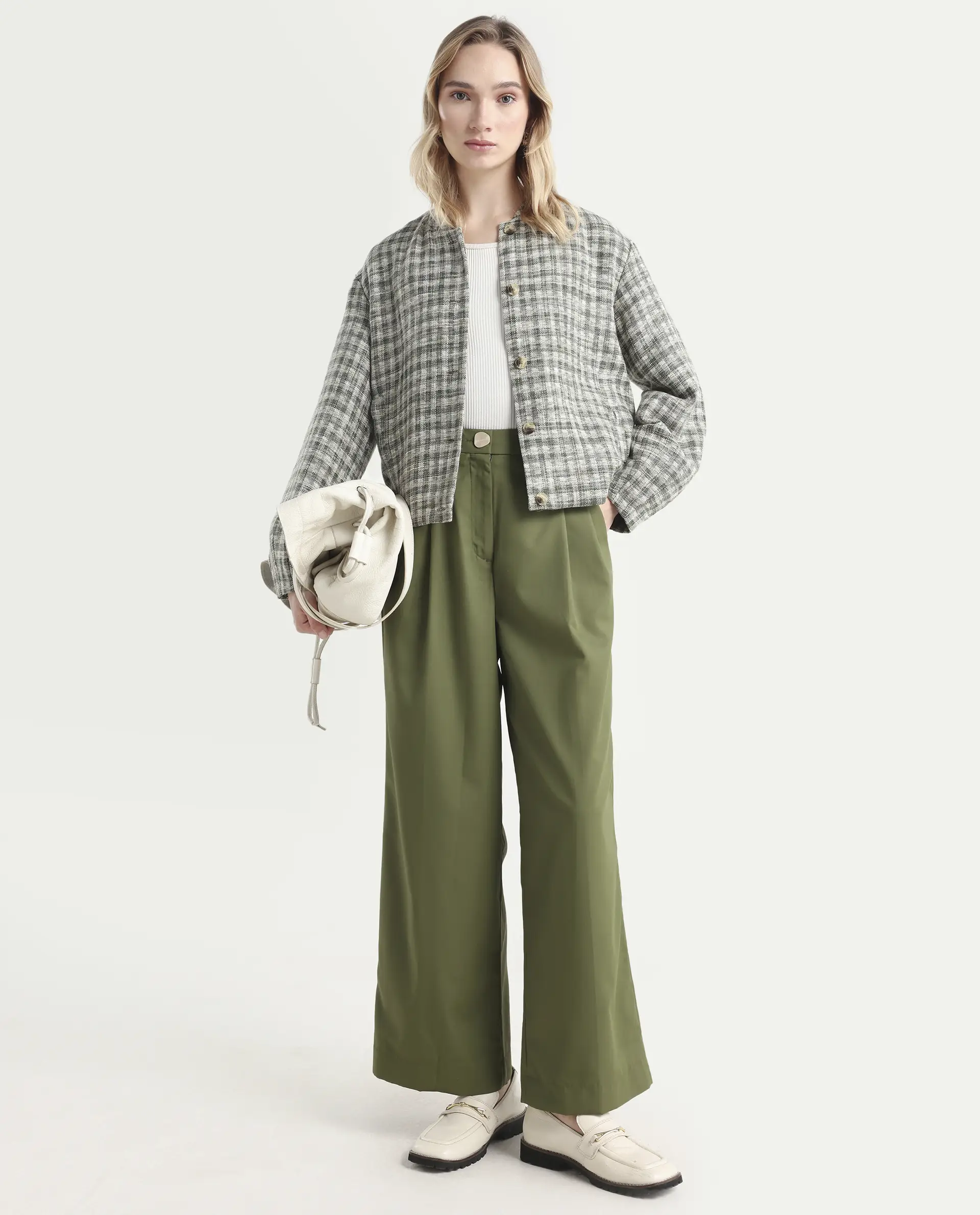 Rareism Women's Sarin Olive Polyester Blend Plain Ankle Length Wide Trouser