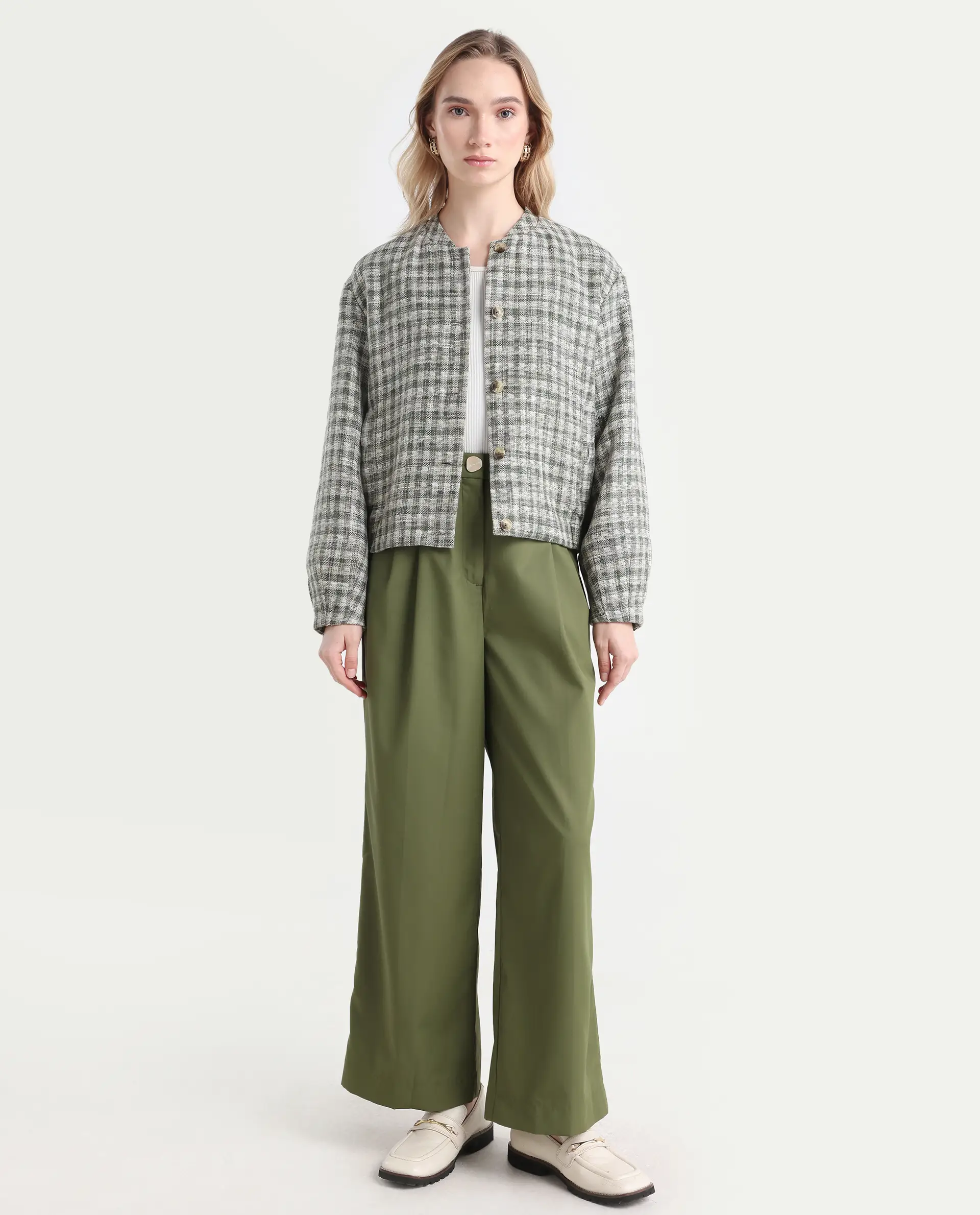 Rareism Women's Sarin Olive Polyester Blend Plain Ankle Length Wide Trouser - Image 3
