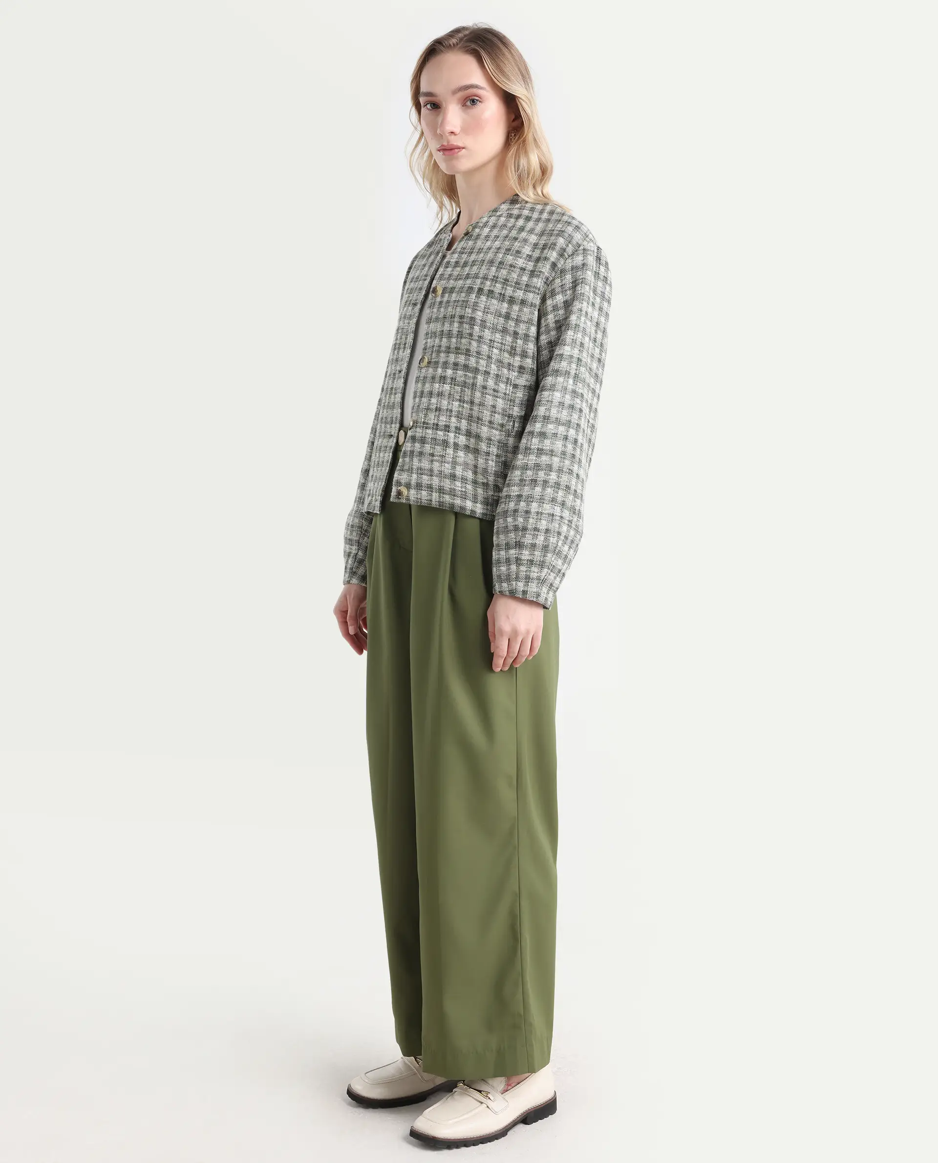 Rareism Women's Sarin Olive Polyester Blend Plain Ankle Length Wide Trouser - Image 5