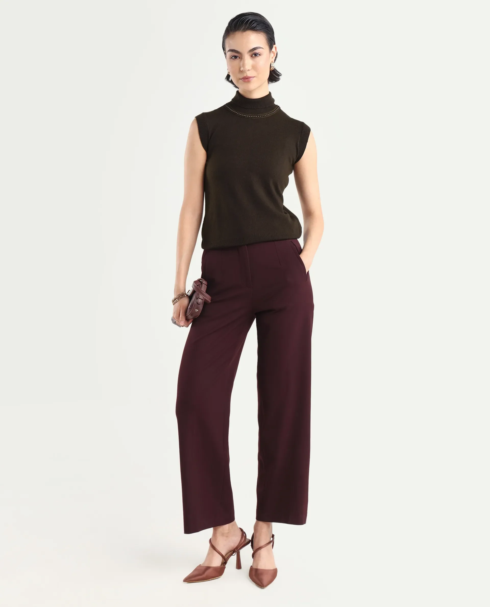 Rareism Women's Sarona Dark Brown Acrylic High Neck Plain Sleeveless Regular Fit Top - Image 2