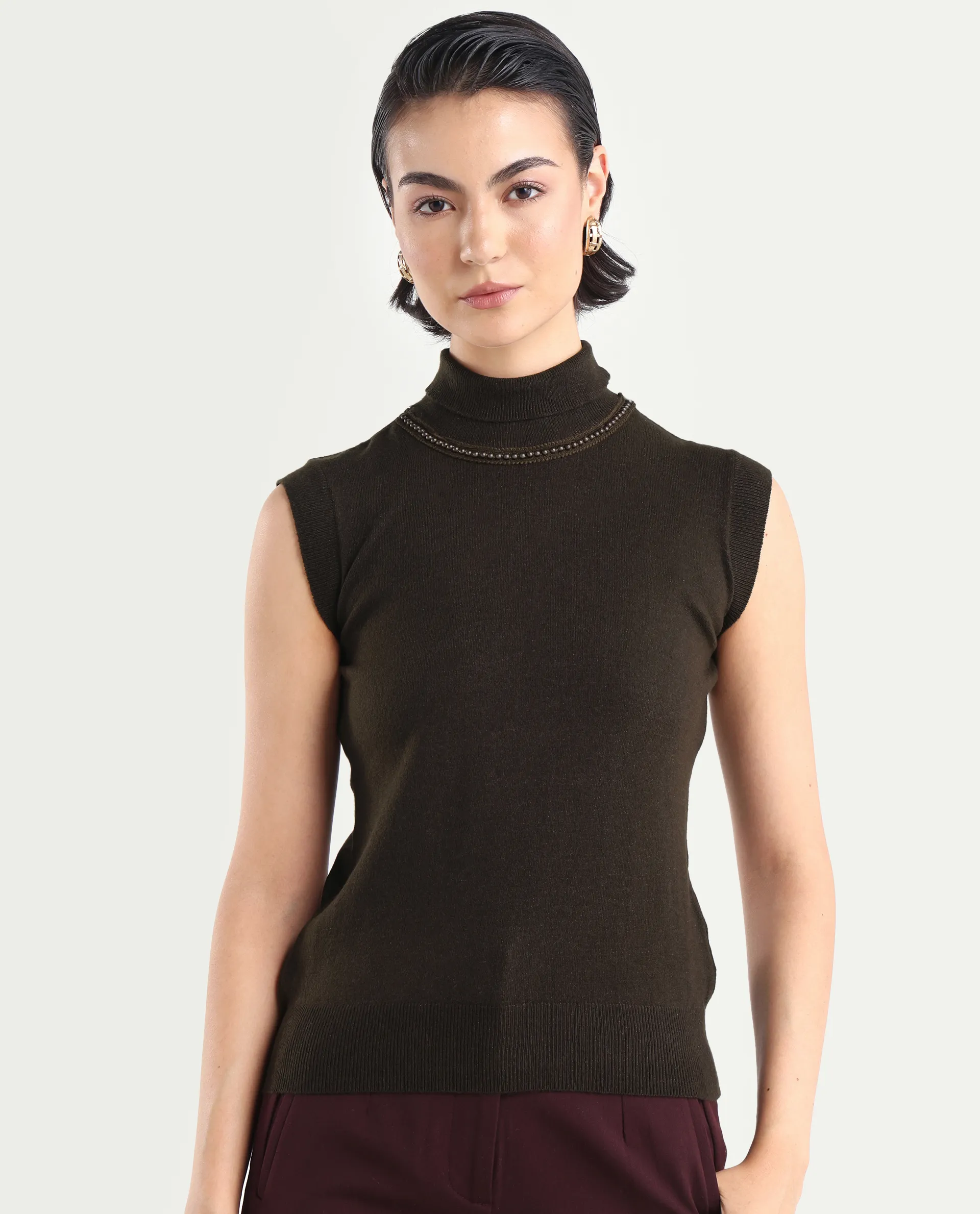 Rareism Women's Sarona Dark Brown Acrylic High Neck Plain Sleeveless Regular Fit Top - Image 3