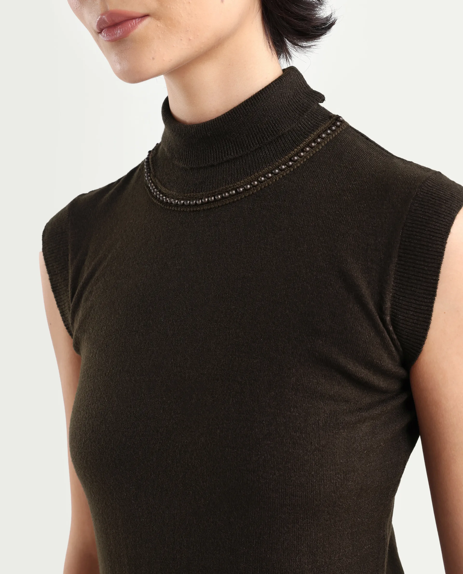 Rareism Women's Sarona Dark Brown Acrylic High Neck Plain Sleeveless Regular Fit Top - Image 4