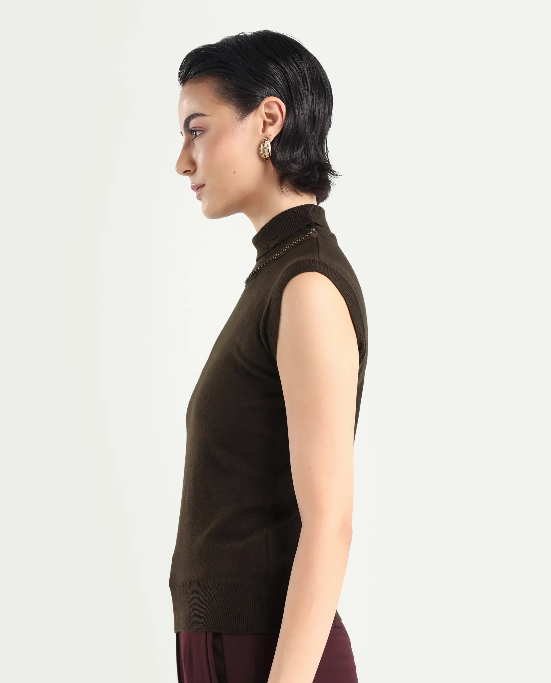 Rareism Women's Sarona Dark Brown Acrylic High Neck Plain Sleeveless Regular Fit Top - Image 5