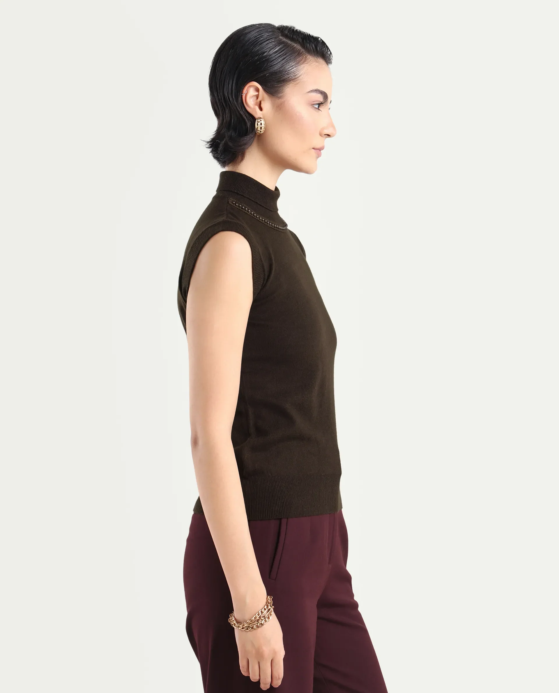 Rareism Women's Sarona Dark Brown Acrylic High Neck Plain Sleeveless Regular Fit Top - Image 6