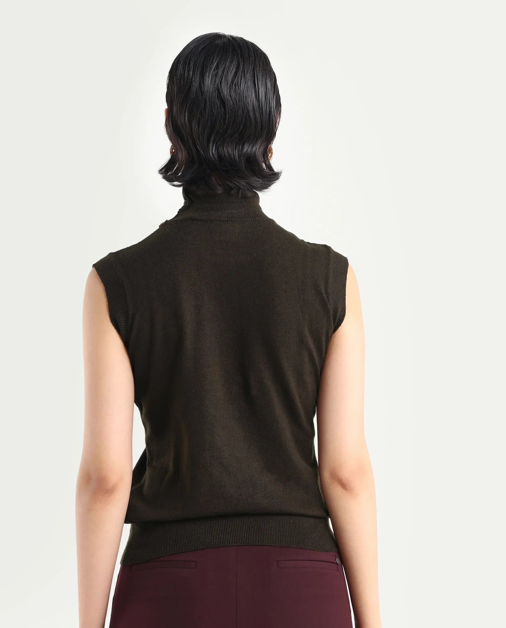 Rareism Women's Sarona Dark Brown Acrylic High Neck Plain Sleeveless Regular Fit Top - Image 7