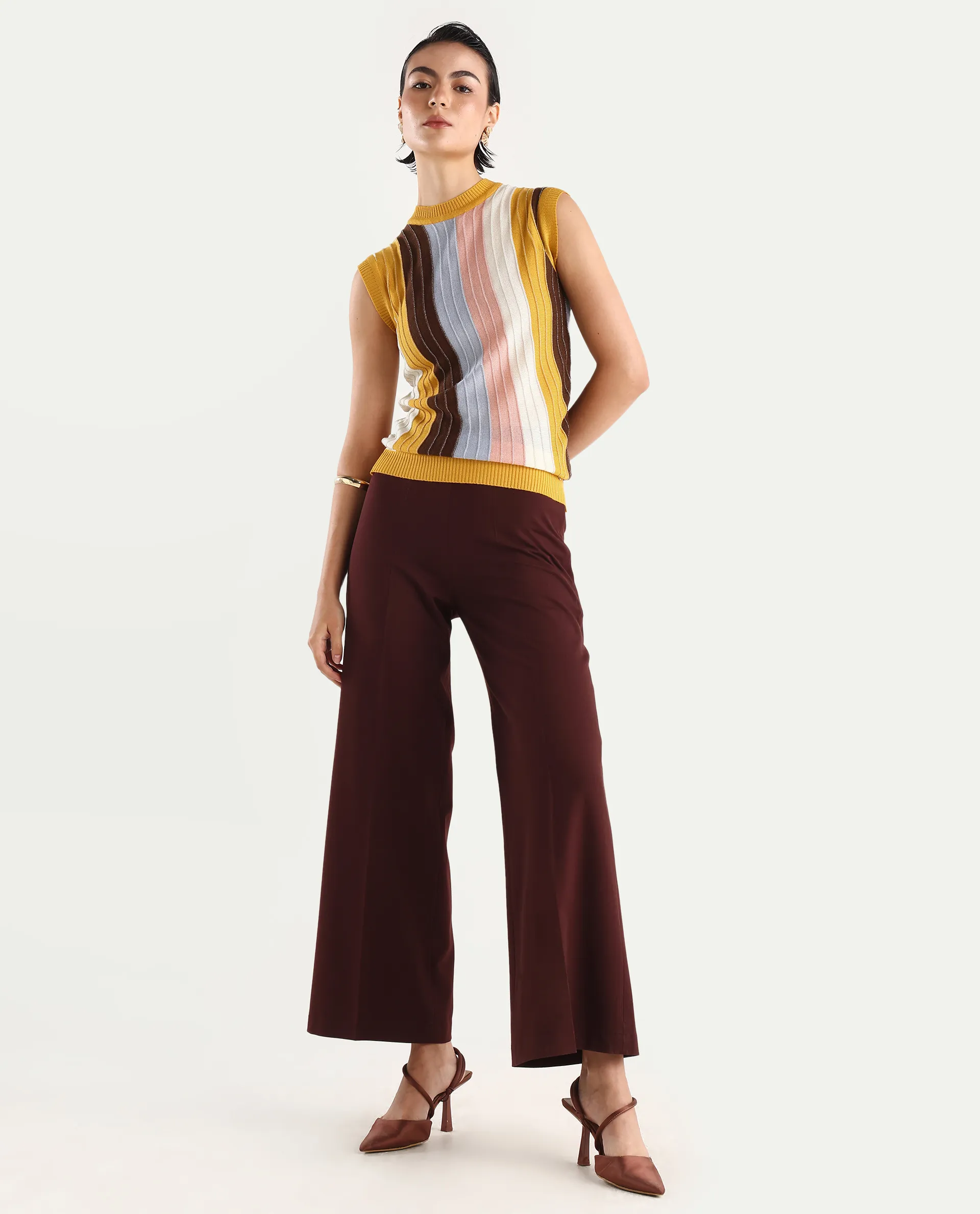 Rareism Women's Saronara Multi Acrylic Crew Neck Striped Sleeveless Regular Fit Top - Image 2