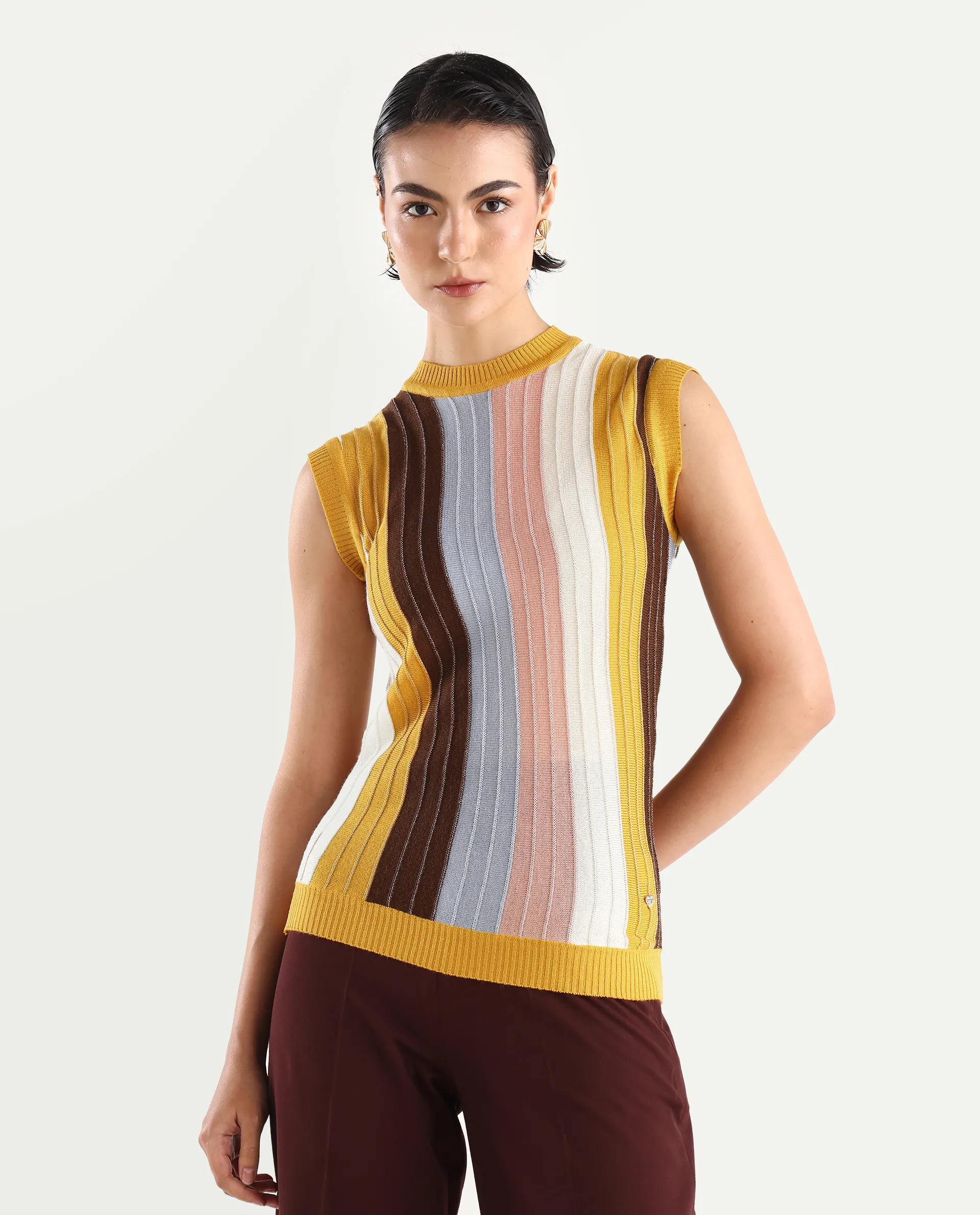 Rareism Women's Saronara Multi Acrylic Crew Neck Striped Sleeveless Regular Fit Top - Image 3