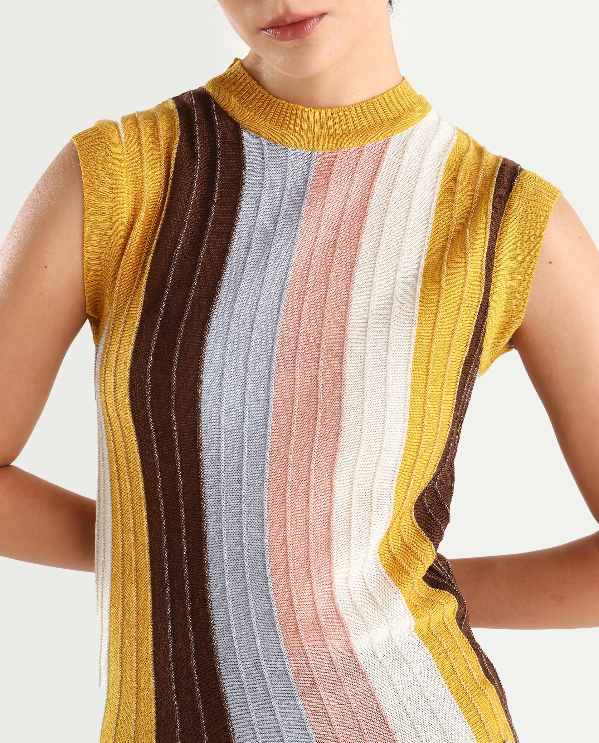 Rareism Women's Saronara Multi Acrylic Crew Neck Striped Sleeveless Regular Fit Top - Image 4