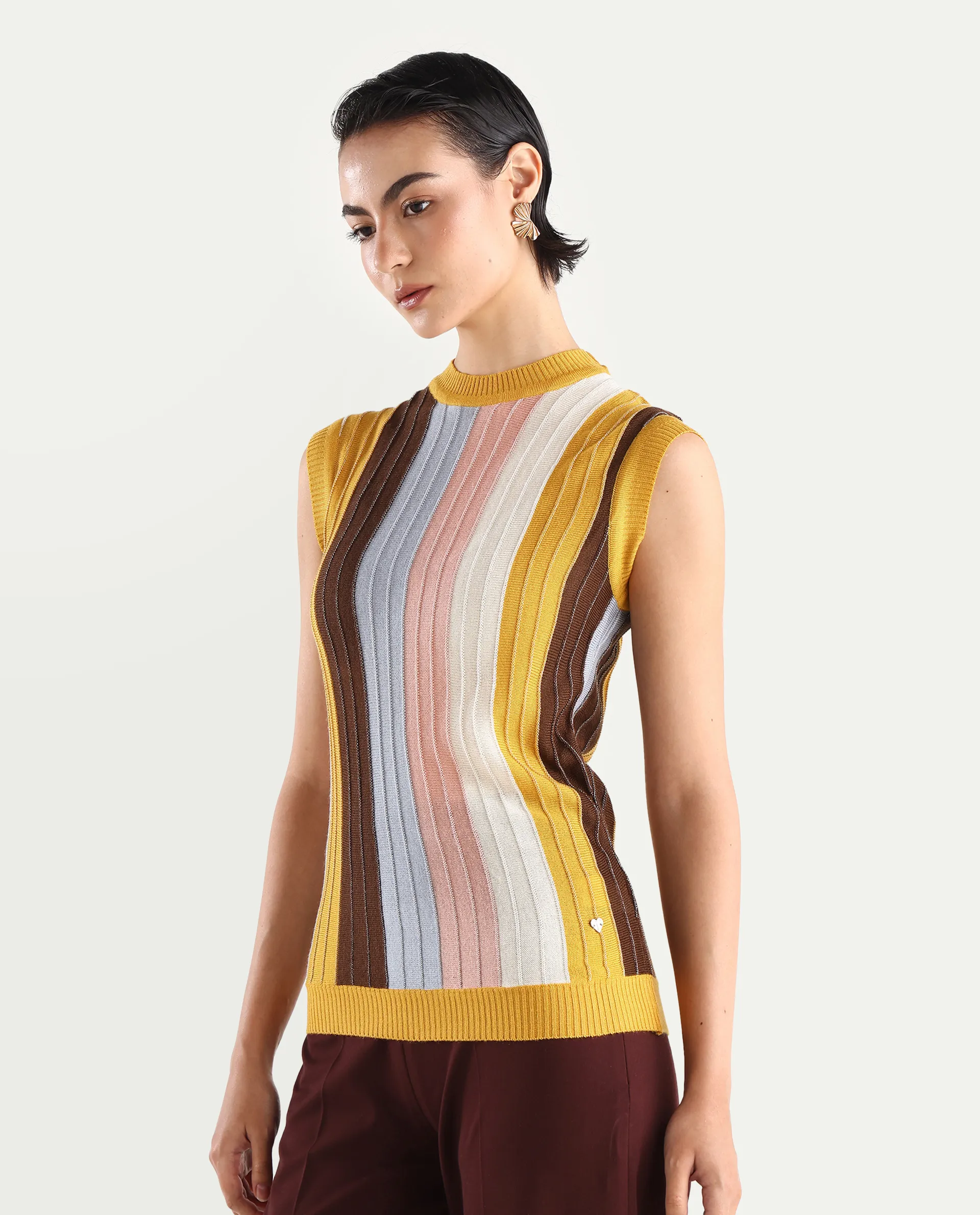 Rareism Women's Saronara Multi Acrylic Crew Neck Striped Sleeveless Regular Fit Top - Image 5