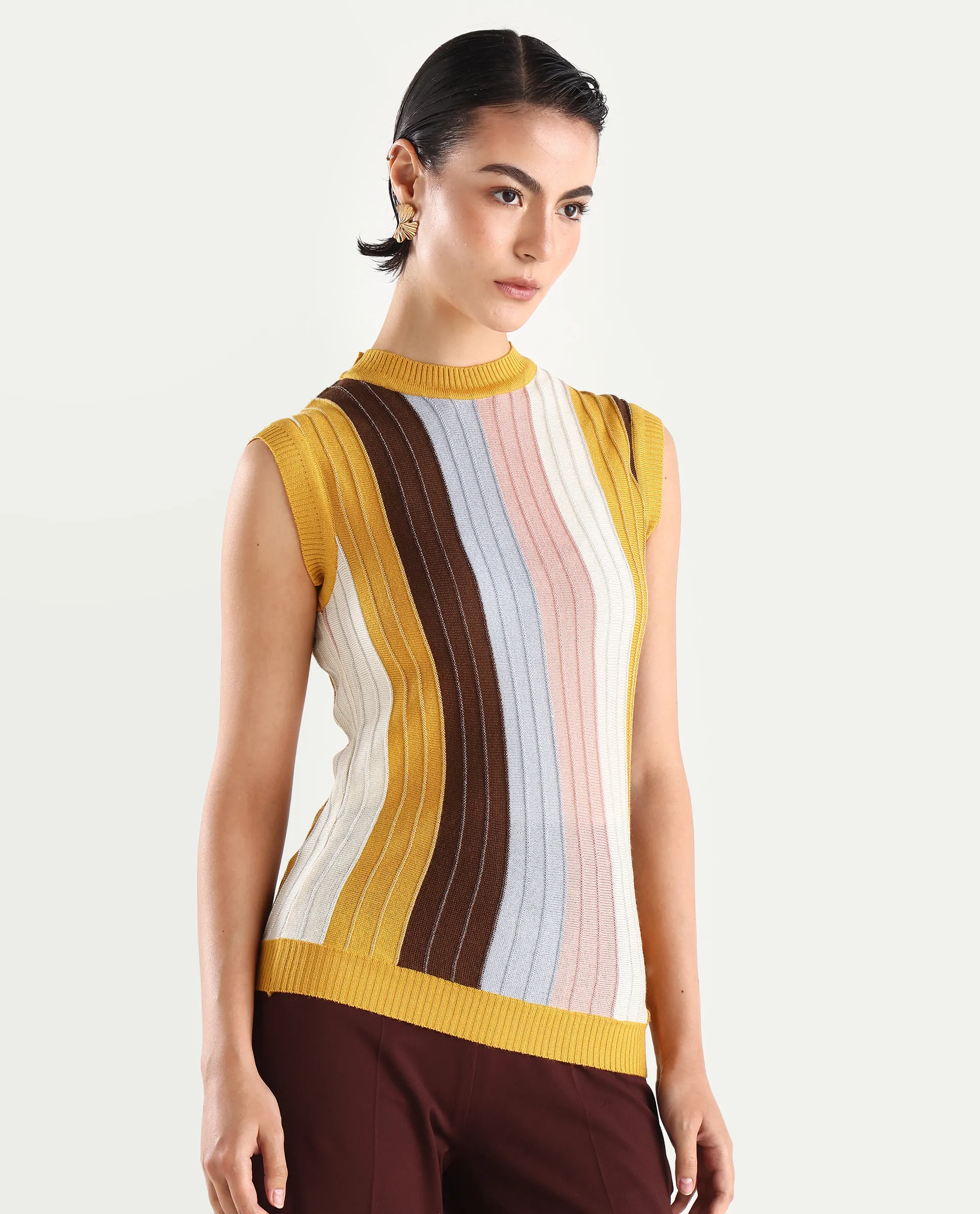Rareism Women's Saronara Multi Acrylic Crew Neck Striped Sleeveless Regular Fit Top - Image 6