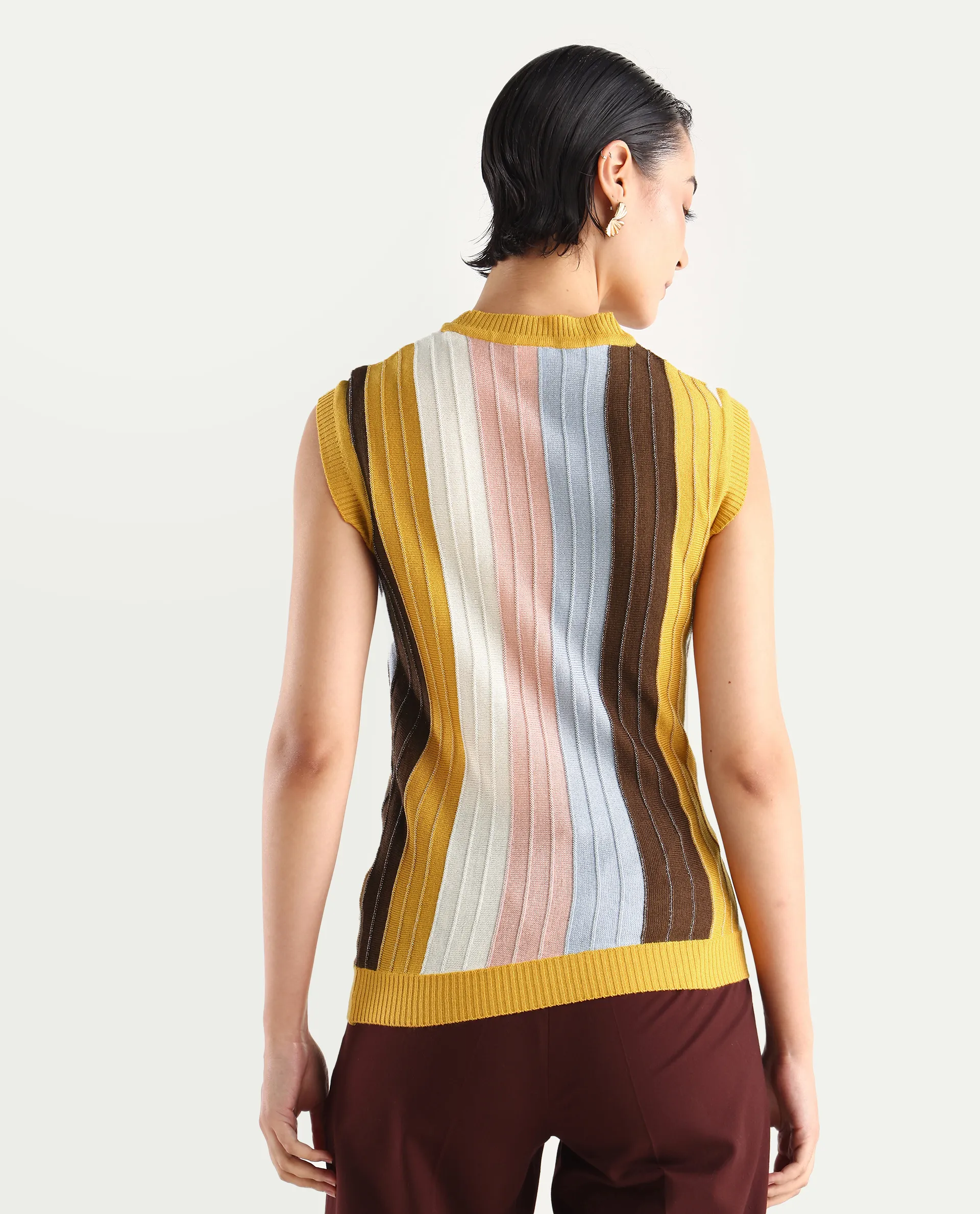 Rareism Women's Saronara Multi Acrylic Crew Neck Striped Sleeveless Regular Fit Top - Image 7