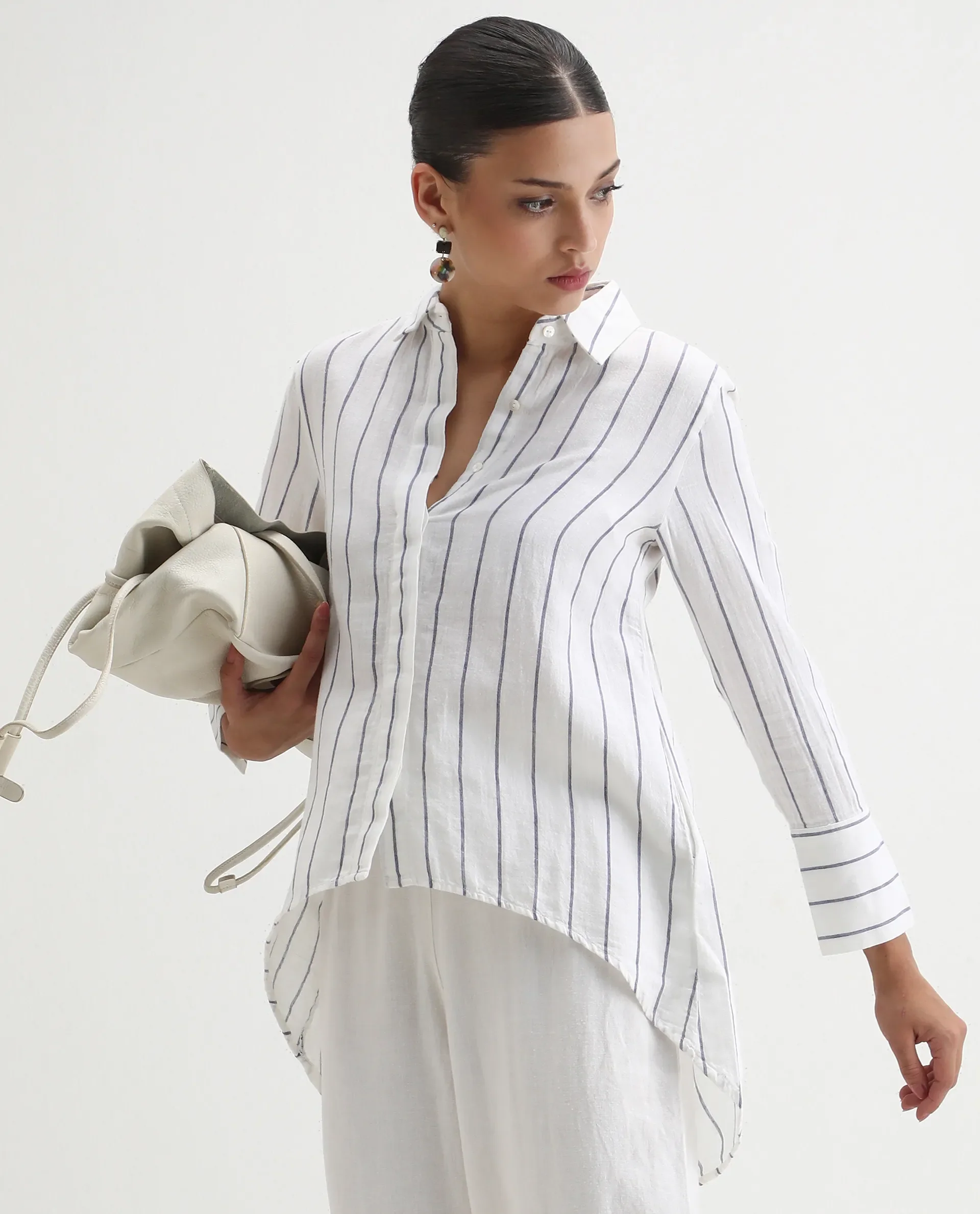 Rareism Women's Sarry Blue Linen Spread Collar Plain Regular Fit Top