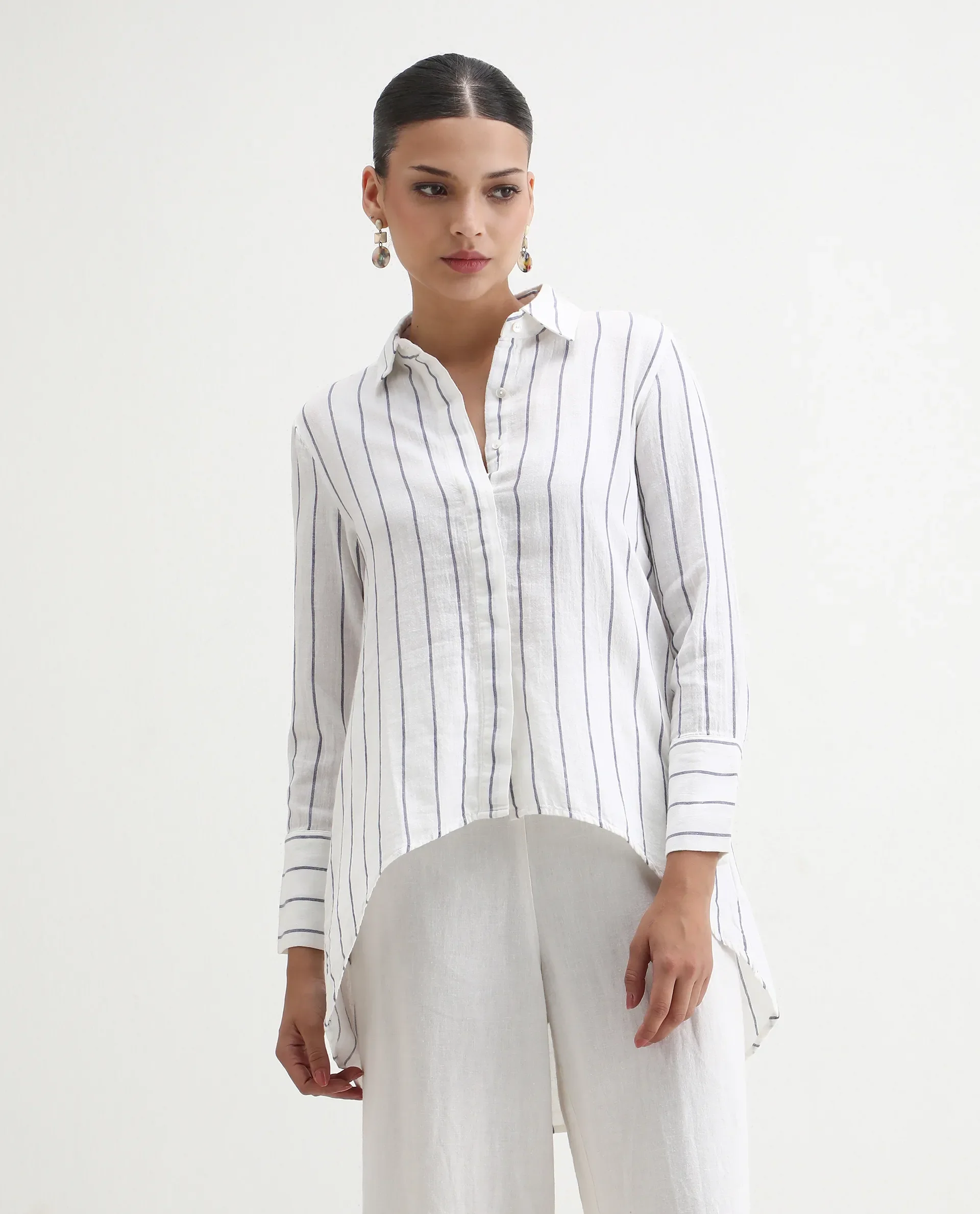 Rareism Women's Sarry Blue Linen Spread Collar Plain Regular Fit Top - Image 4