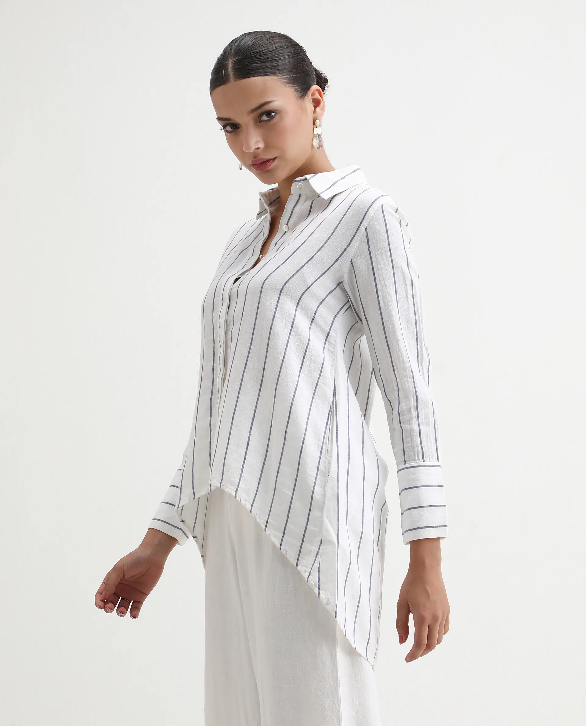 Rareism Women's Sarry Blue Linen Spread Collar Plain Regular Fit Top - Image 6