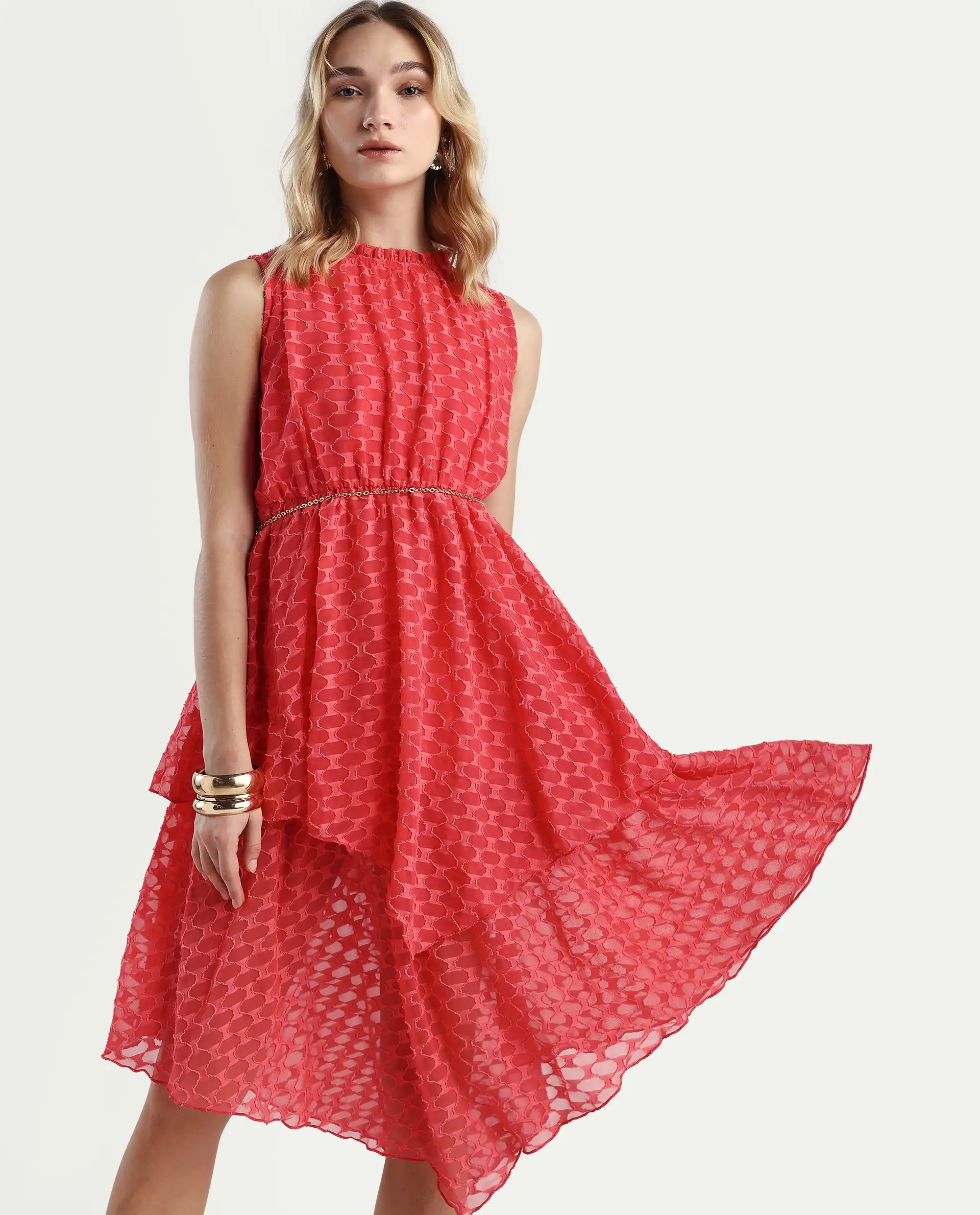 Rareism Women's Sarsa Pastel Pink Polyester Ruffled Neck Jacquard Sleeveless Midi Fit And Flare Dress - Image 2