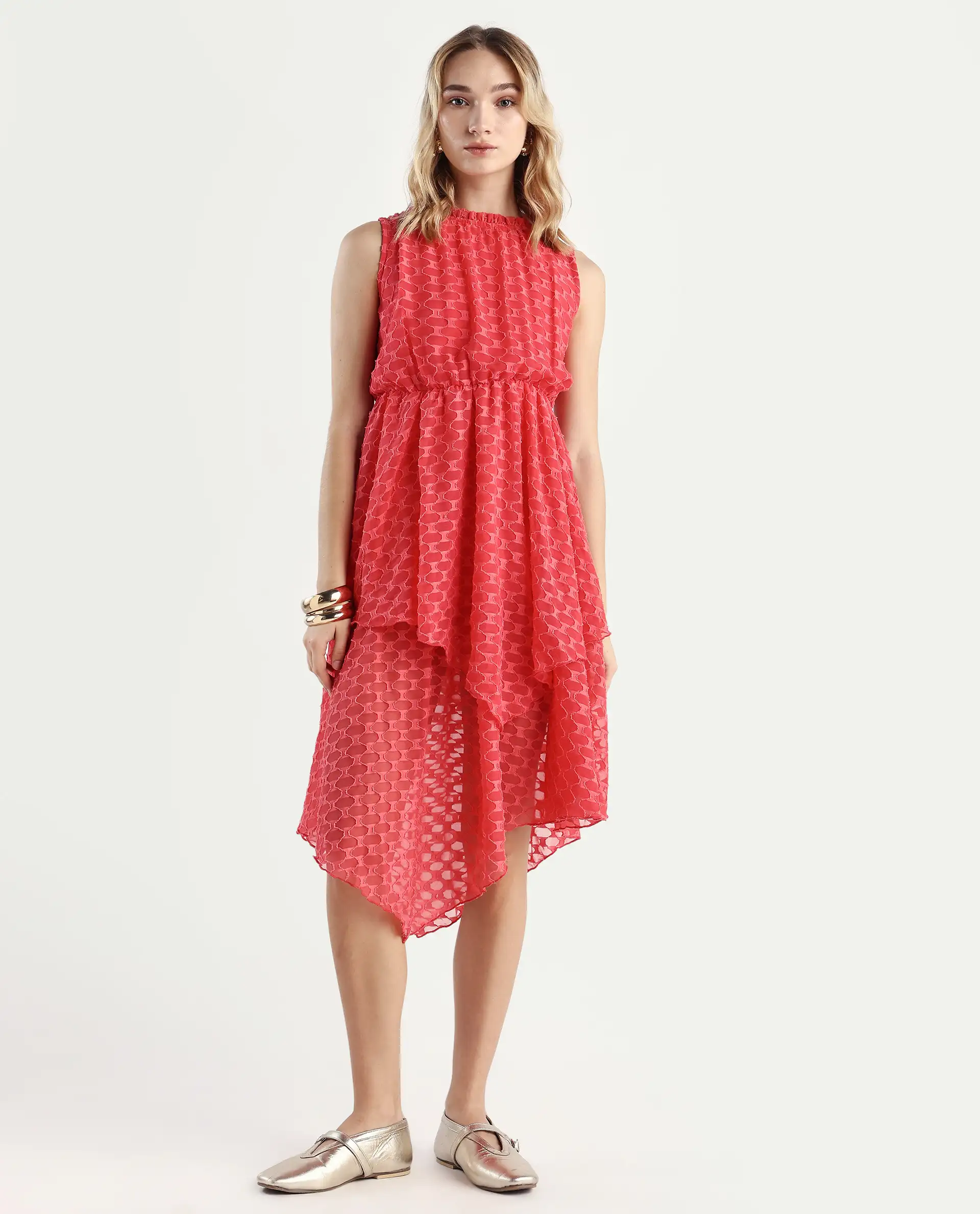 Rareism Women's Sarsa Pastel Pink Polyester Ruffled Neck Jacquard Sleeveless Midi Fit And Flare Dress - Image 3