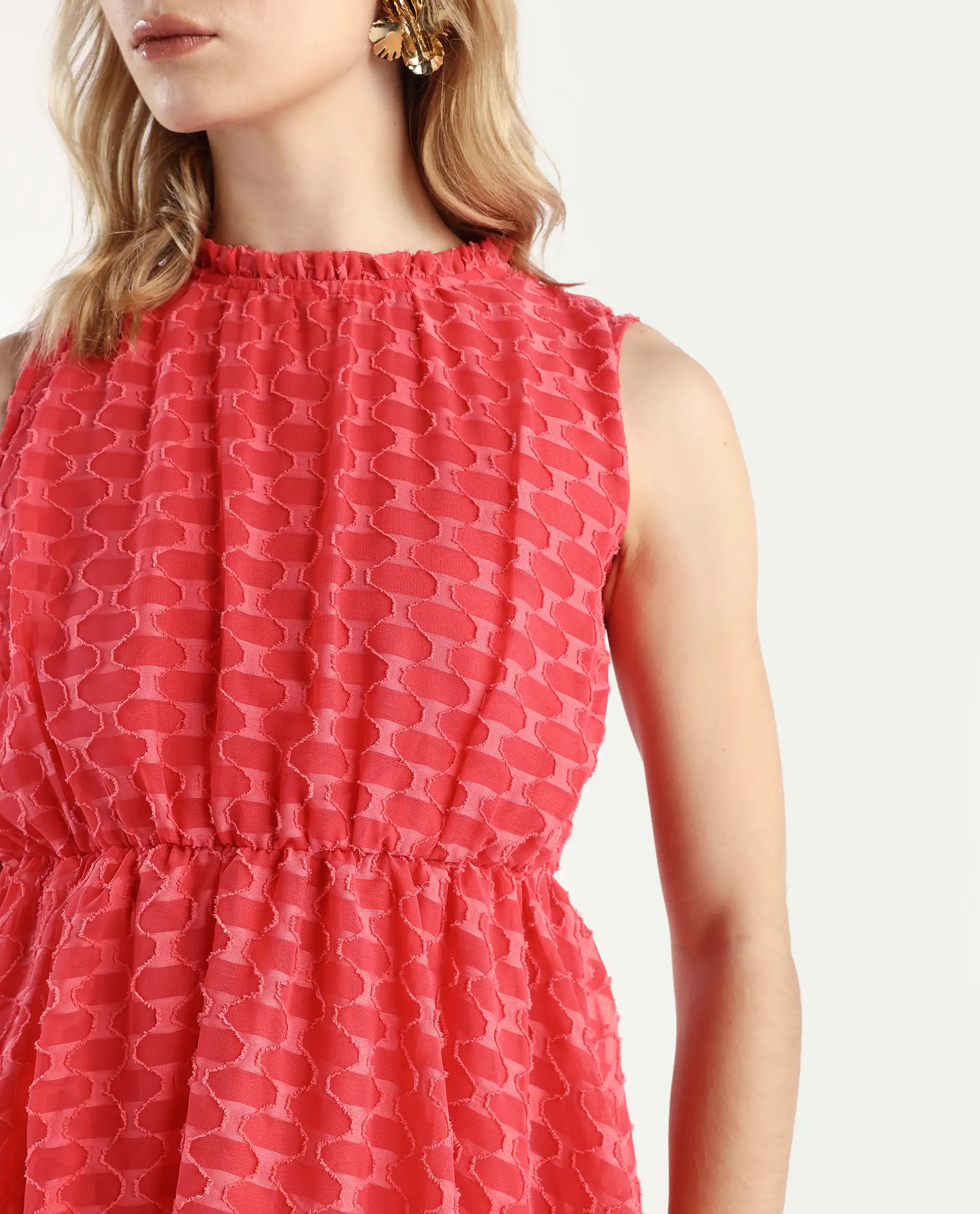 Rareism Women's Sarsa Pastel Pink Polyester Ruffled Neck Jacquard Sleeveless Midi Fit And Flare Dress - Image 4