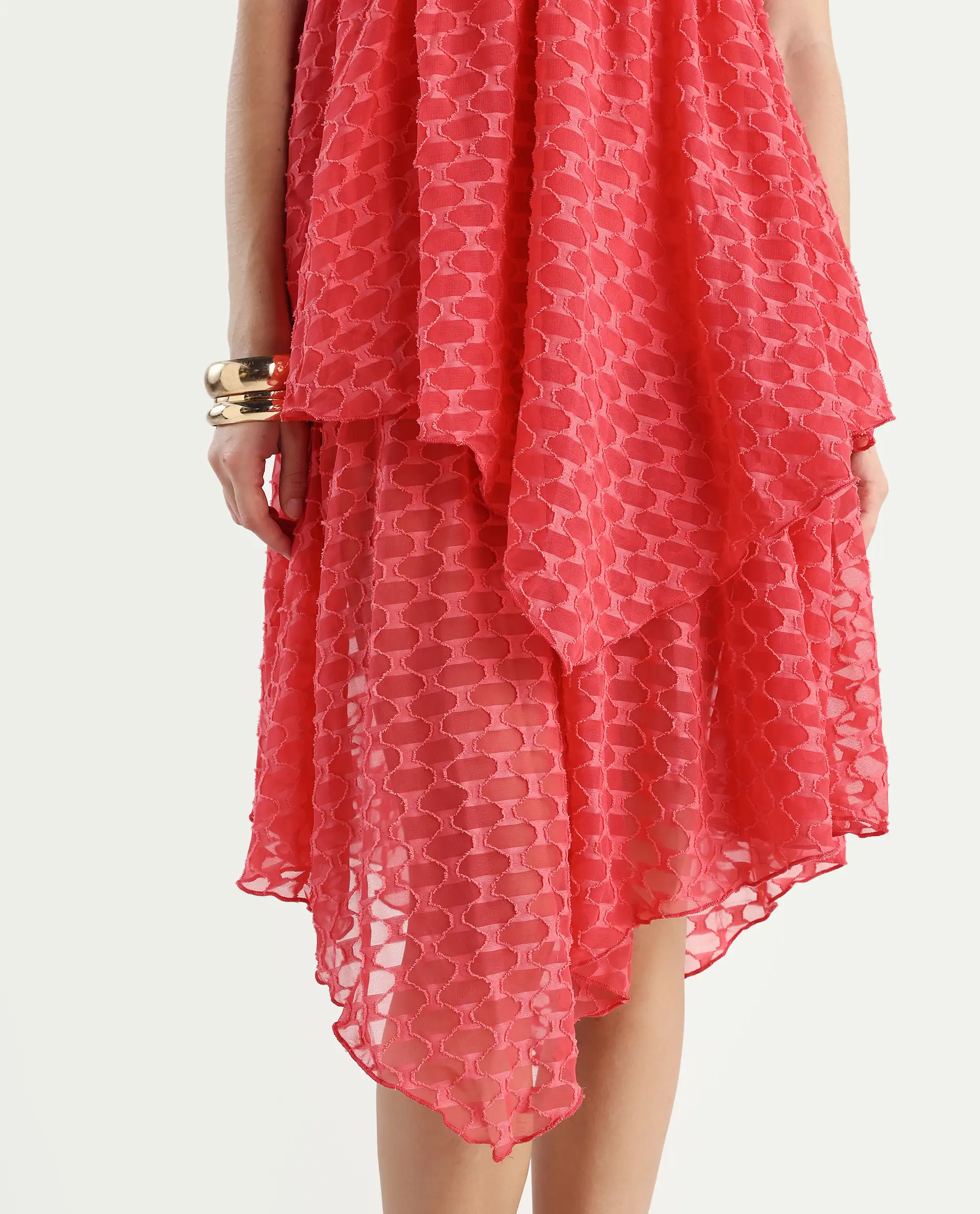 Rareism Women's Sarsa Pastel Pink Polyester Ruffled Neck Jacquard Sleeveless Midi Fit And Flare Dress - Image 5