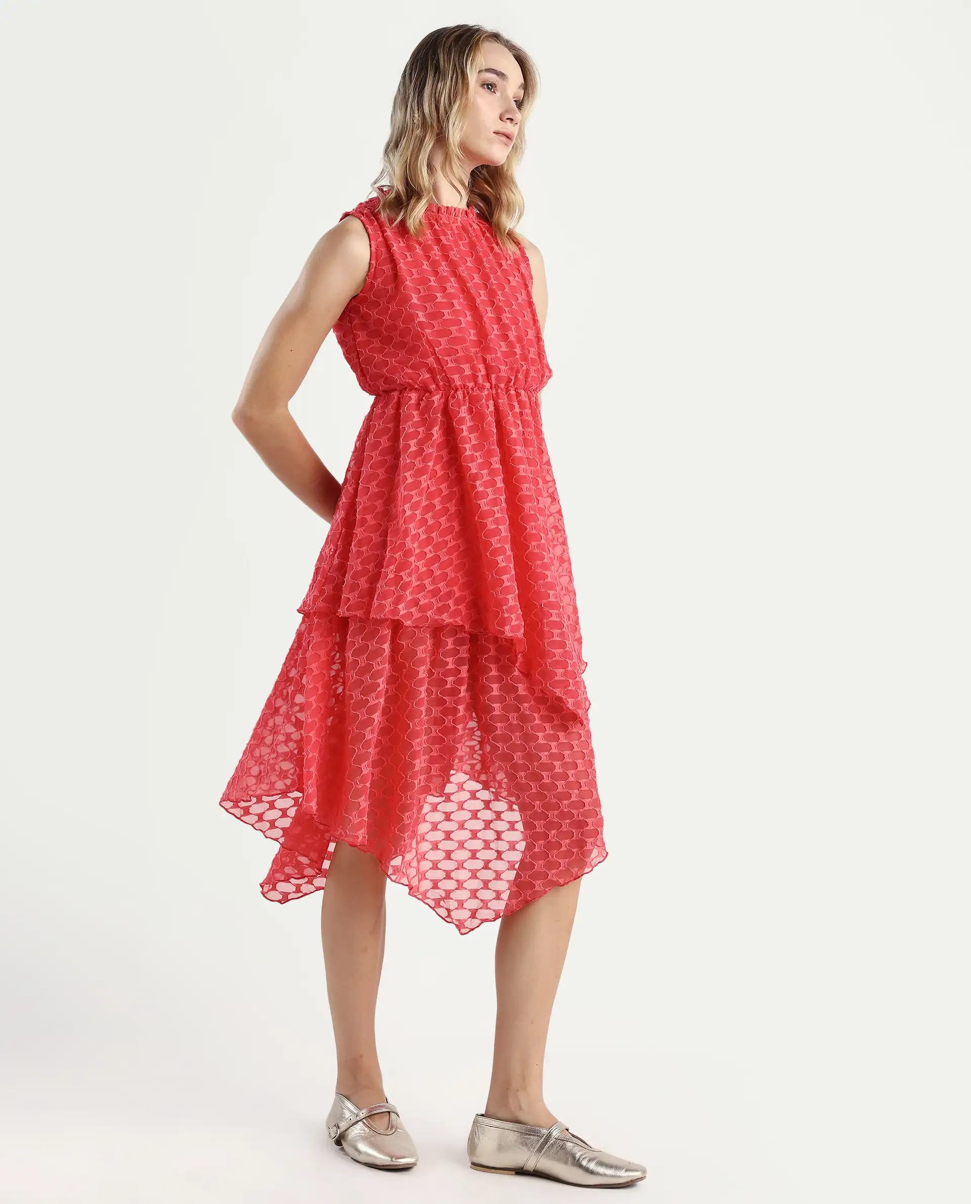 Rareism Women's Sarsa Pastel Pink Polyester Ruffled Neck Jacquard Sleeveless Midi Fit And Flare Dress - Image 7