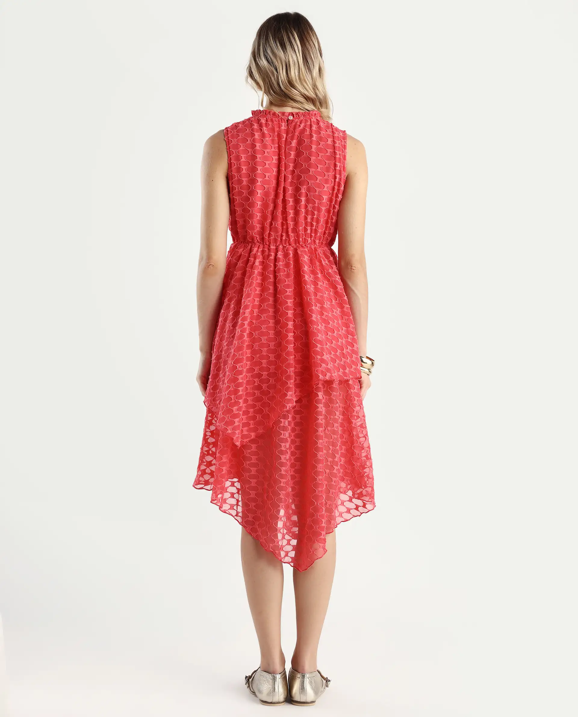 Rareism Women's Sarsa Pastel Pink Polyester Ruffled Neck Jacquard Sleeveless Midi Fit And Flare Dress - Image 8
