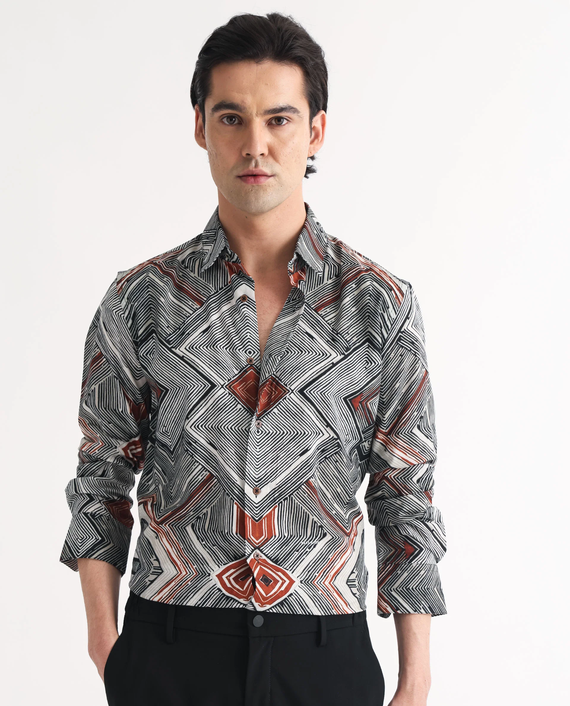 Rare Rabbit Men's Sart Brown Cotton Geometric Print Regular Fit Full Sleeve Collared Shirt